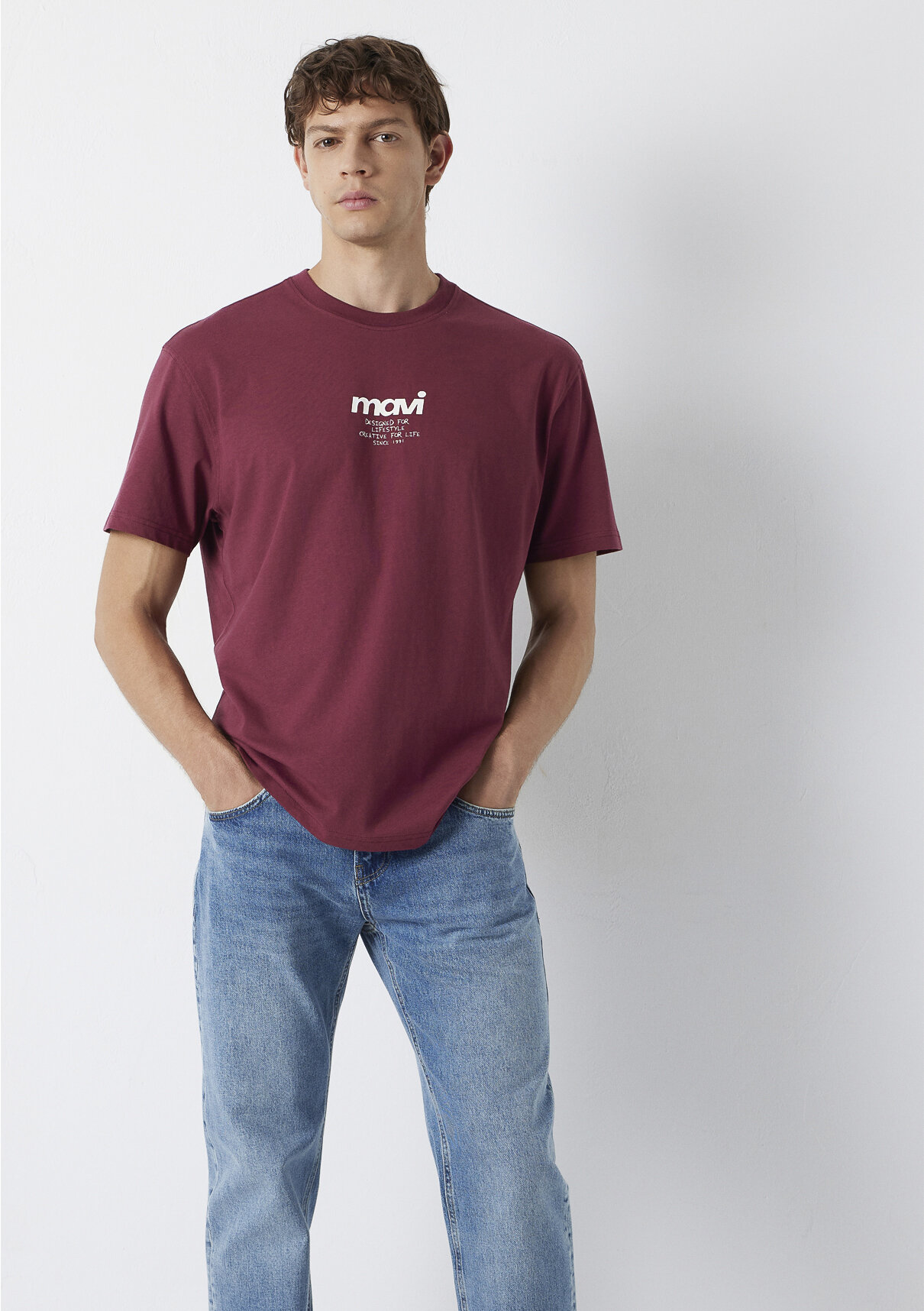 Mavi Logo Baskılı Bordo Tişört görsel 2