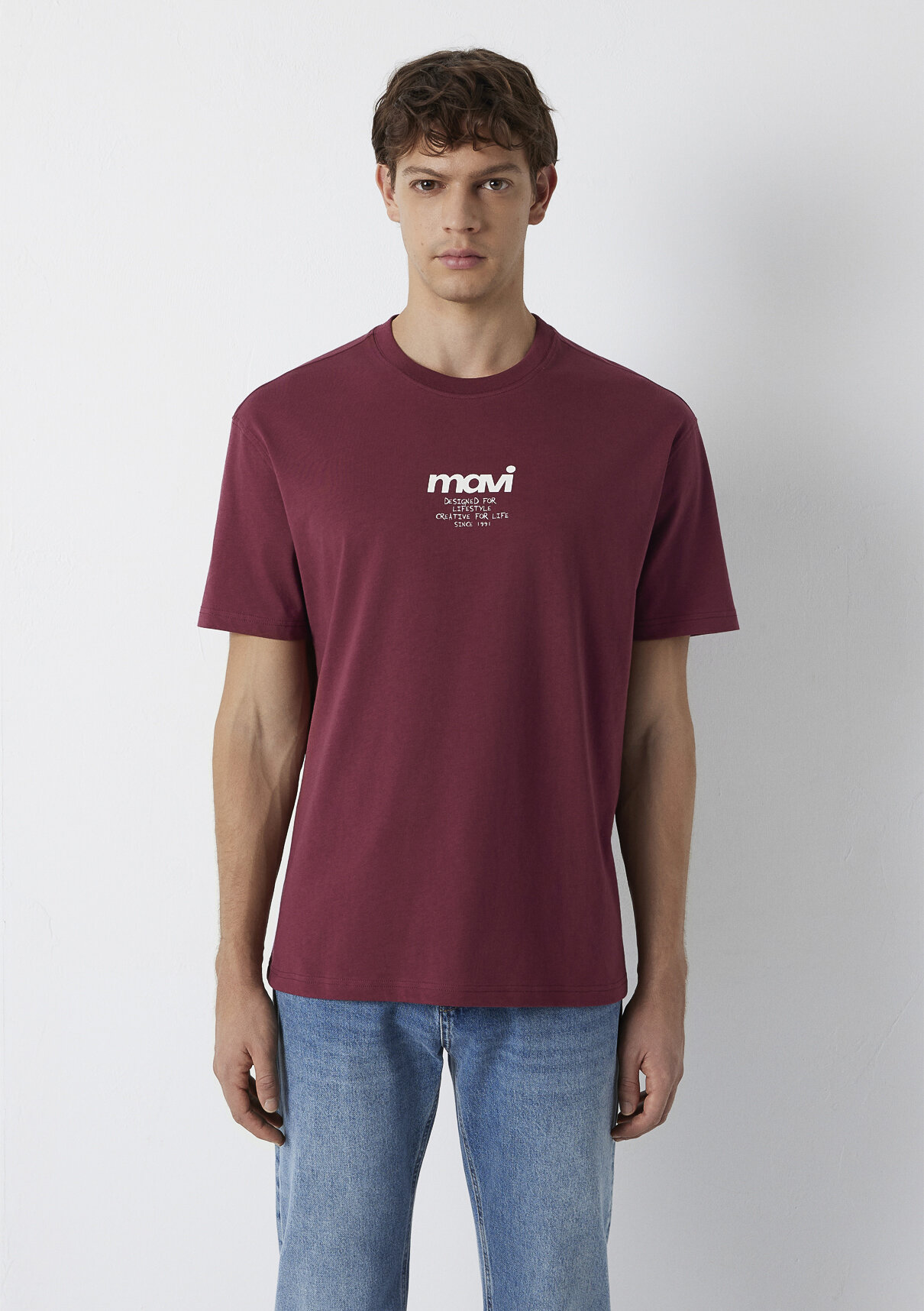 Mavi Logo Baskılı Bordo Tişört görsel 3