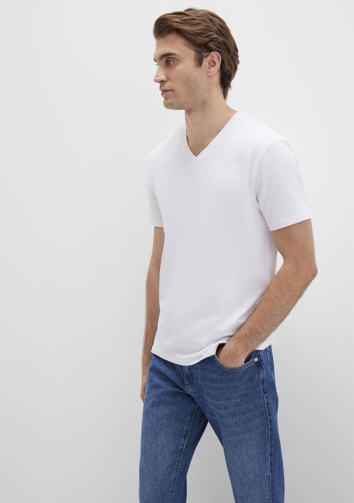 Mavi Stretch V Yaka Beyaz Basic Tişört görsel 2