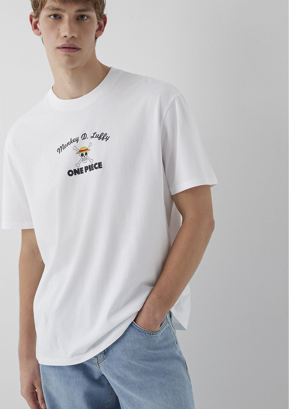 Mavi One Piece Baskılı Beyaz Tişört görsel 2