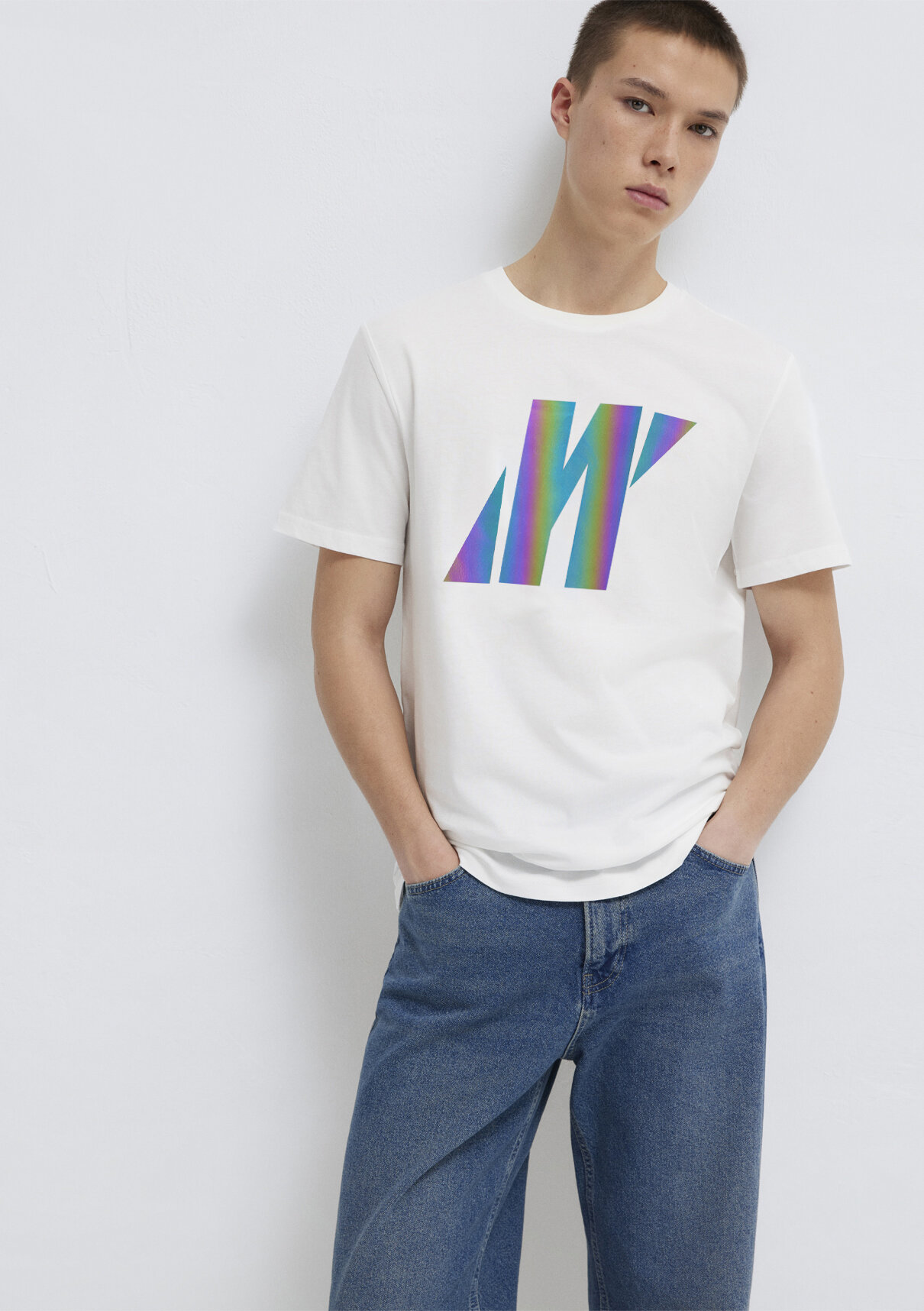 Mavi Pro Reflektör Logo Baskılı Beyaz Tişört görsel 2
