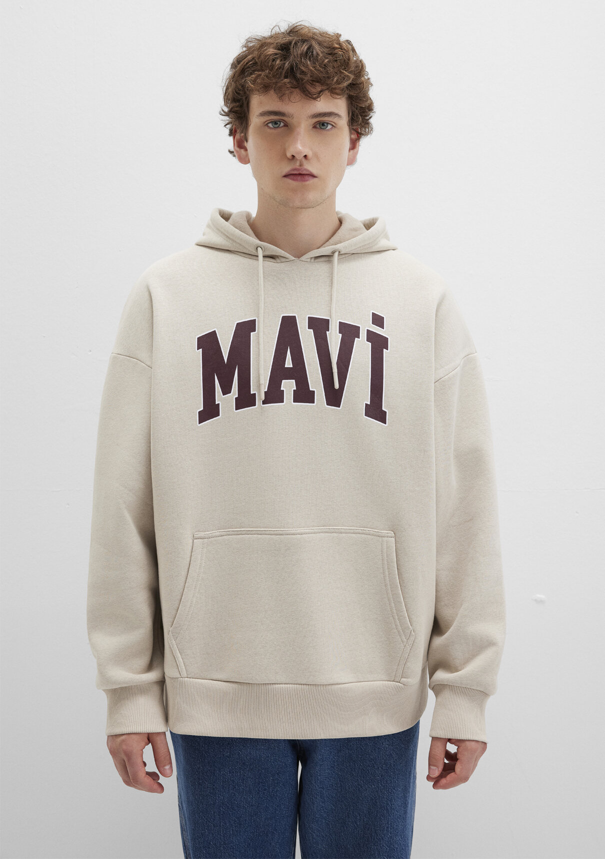 Mavi Logo Baskılı Kapüşonlu Bej Sweatshirt görsel 4