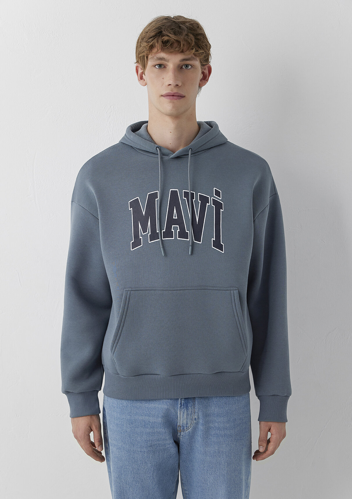Mavi Logo Baskılı Kapüşonlu Gri Sweatshirt görsel 3