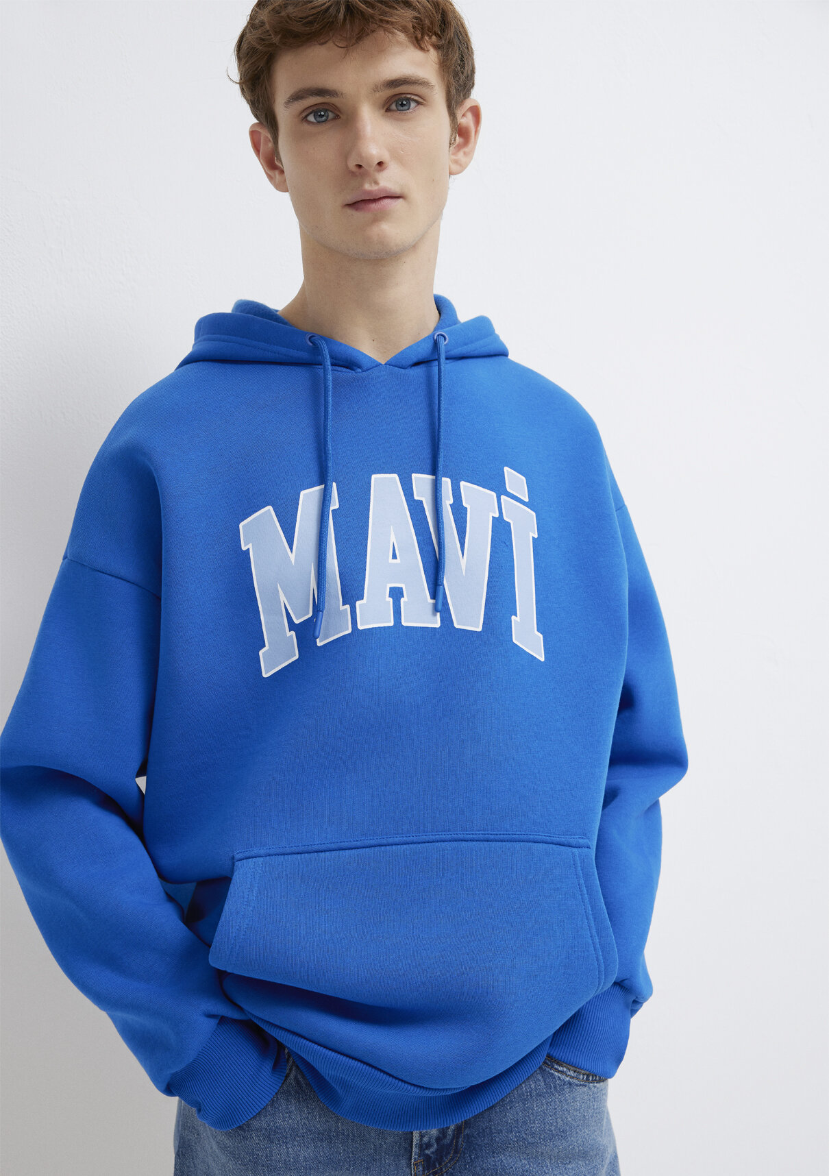 Mavi Logo Baskılı Kapüşonlu Mavi Sweatshirt