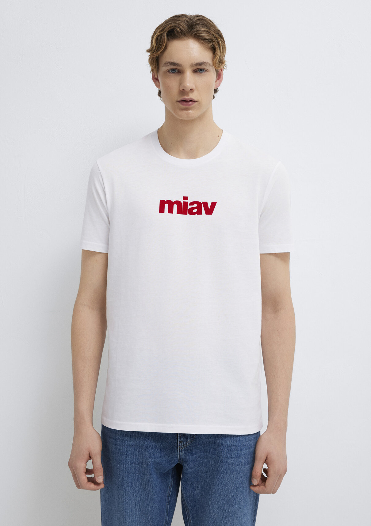 Mavi Kırmızı Miav Baskılı Beyaz Tişört görsel 3