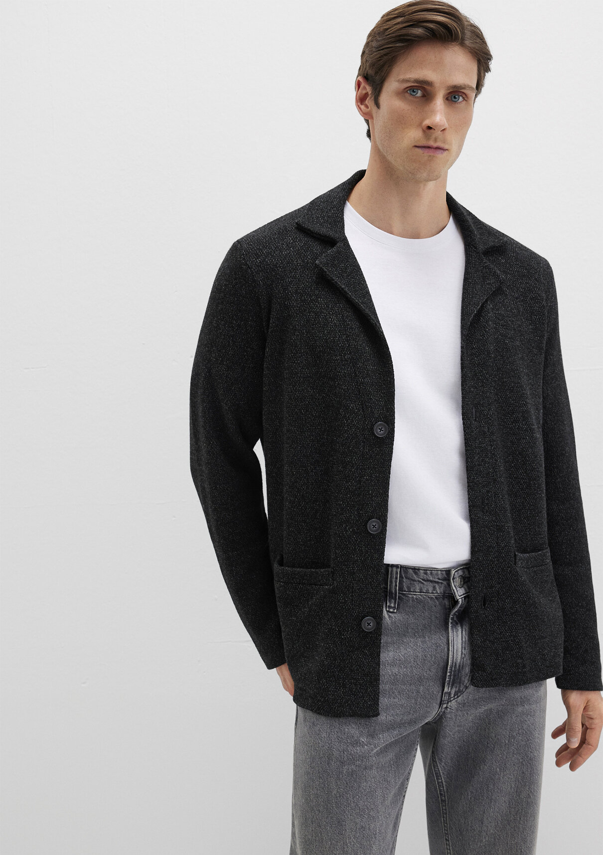 Mavi Blazer Yaka Siyah Triko Hırka