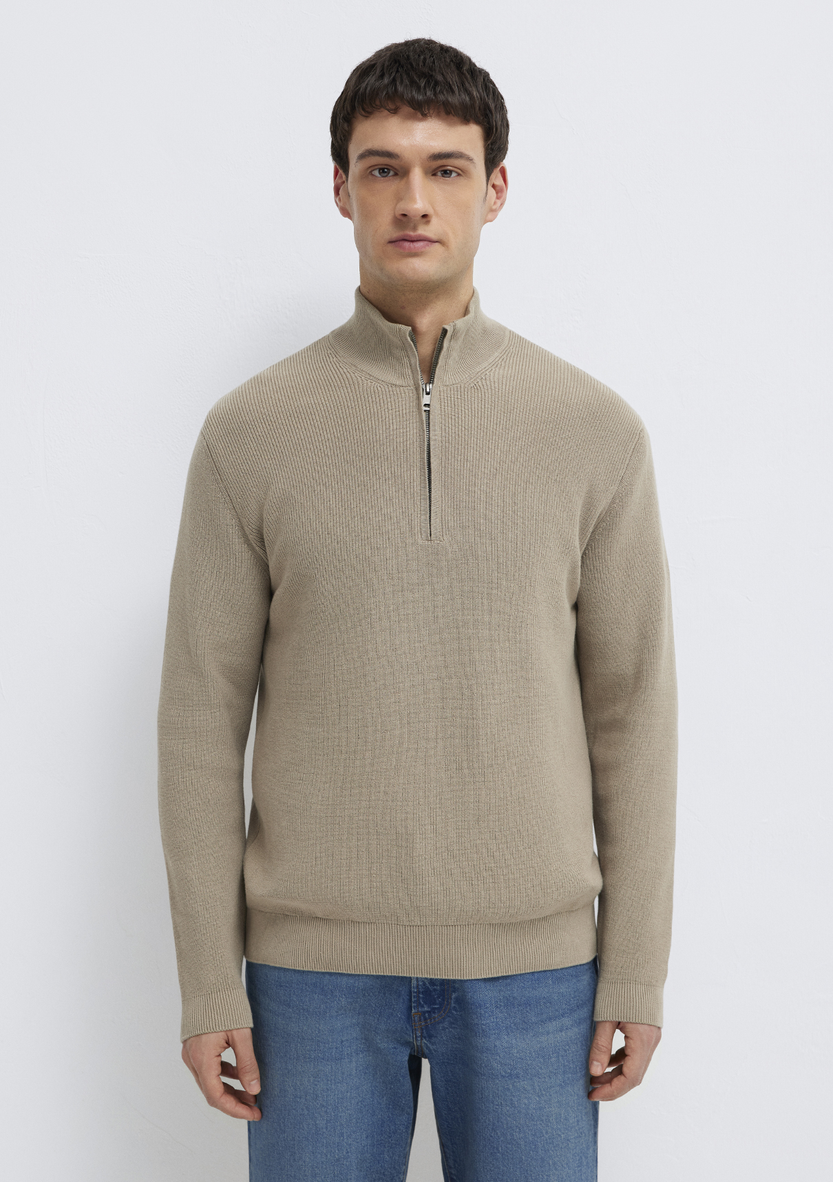 Mavi Yarı Fermuarlı Bej Kazak görsel 4