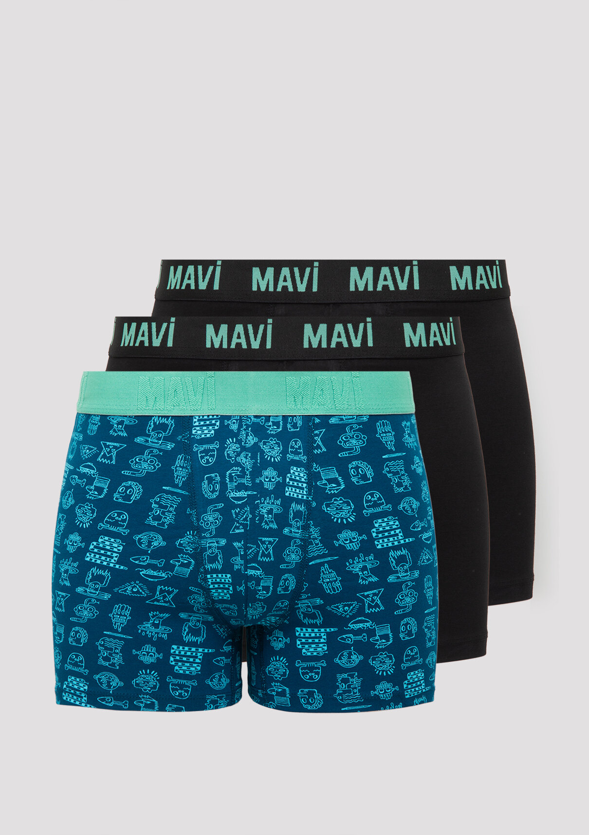 Mavi 3lü Baskılı Yeşil Boxer