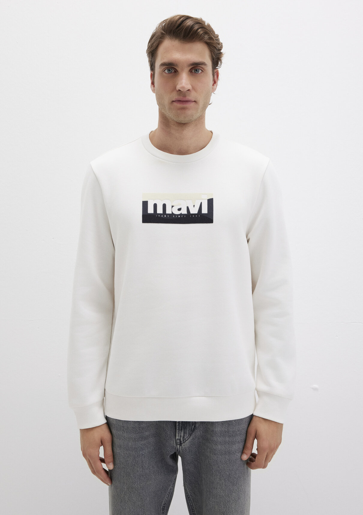 Mavi Logo Baskılı Ekru Sweatshirt görsel 3