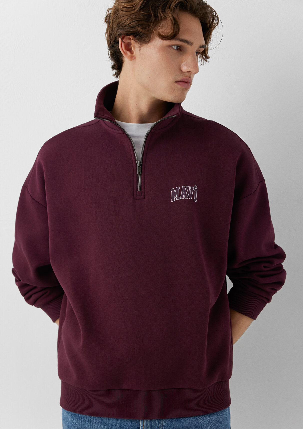 Mavi Logo Baskılı Yarı Fermuarlı Bordo Sweatshirt