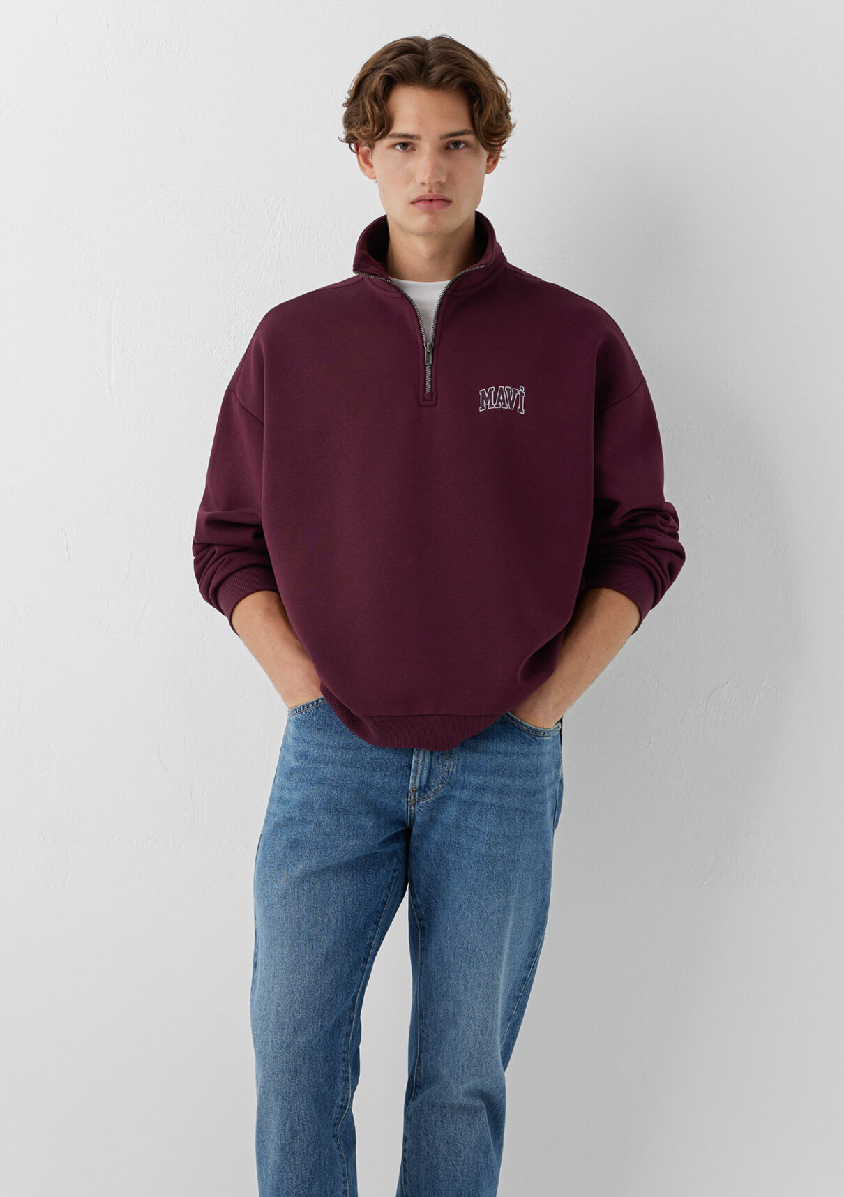 Mavi Logo Baskılı Yarı Fermuarlı Bordo Sweatshirt görsel 2