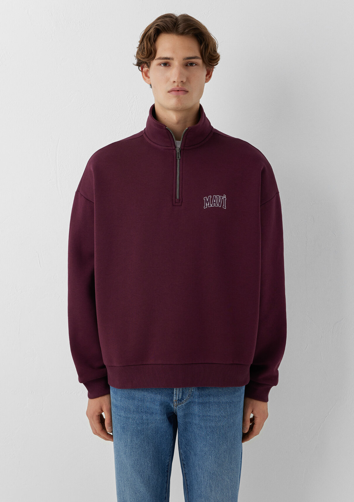 Mavi Logo Baskılı Yarı Fermuarlı Bordo Sweatshirt görsel 3