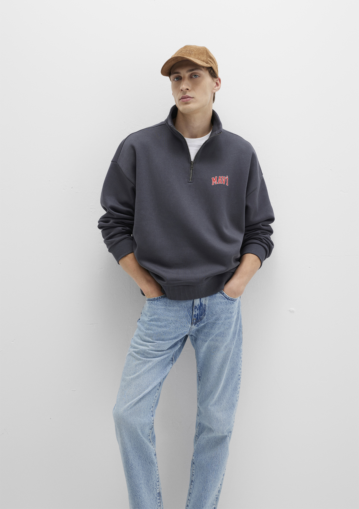 Mavi Logo Baskılı Yarı Fermuarlı Antrasit Sweatshirt