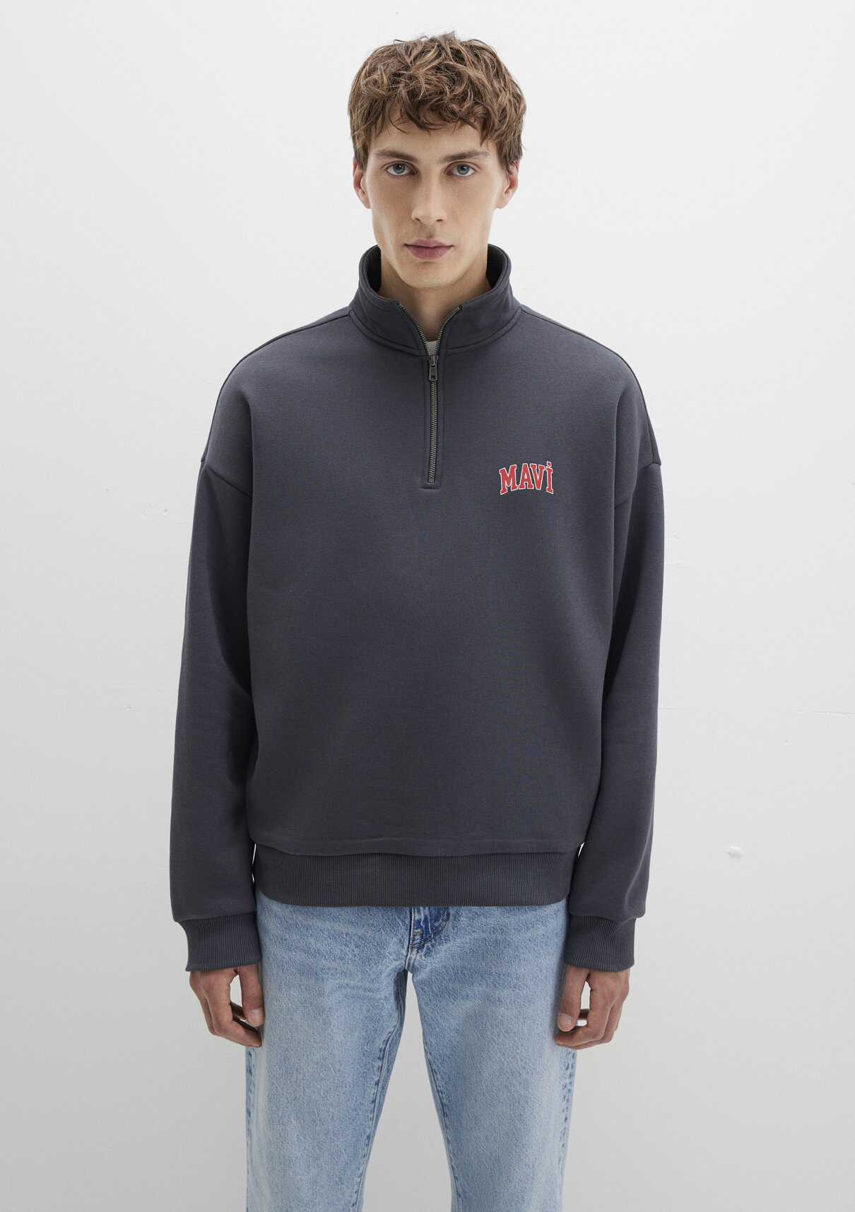 Mavi Logo Baskılı Yarı Fermuarlı Antrasit Sweatshirt görsel 3