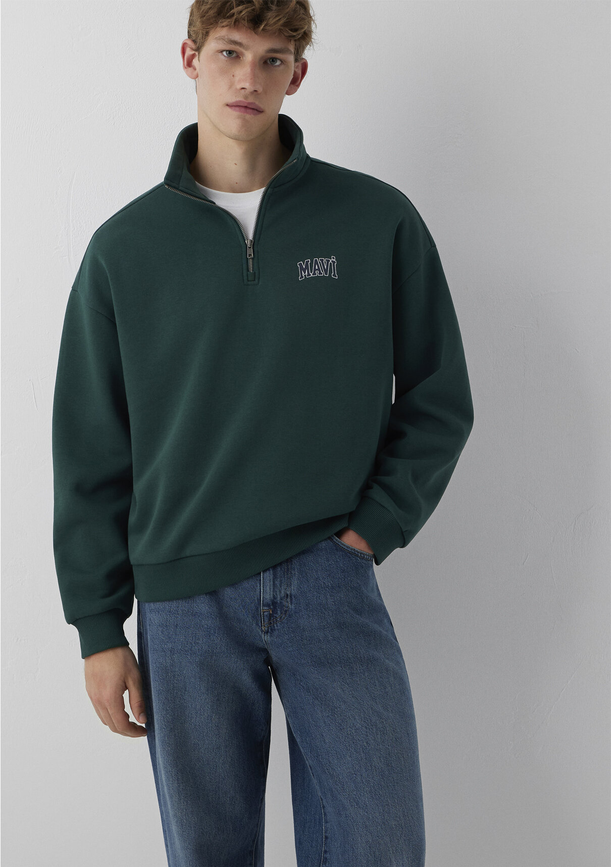 Mavi Logo Baskılı Yarı Fermuarlı Yeşil Sweatshirt