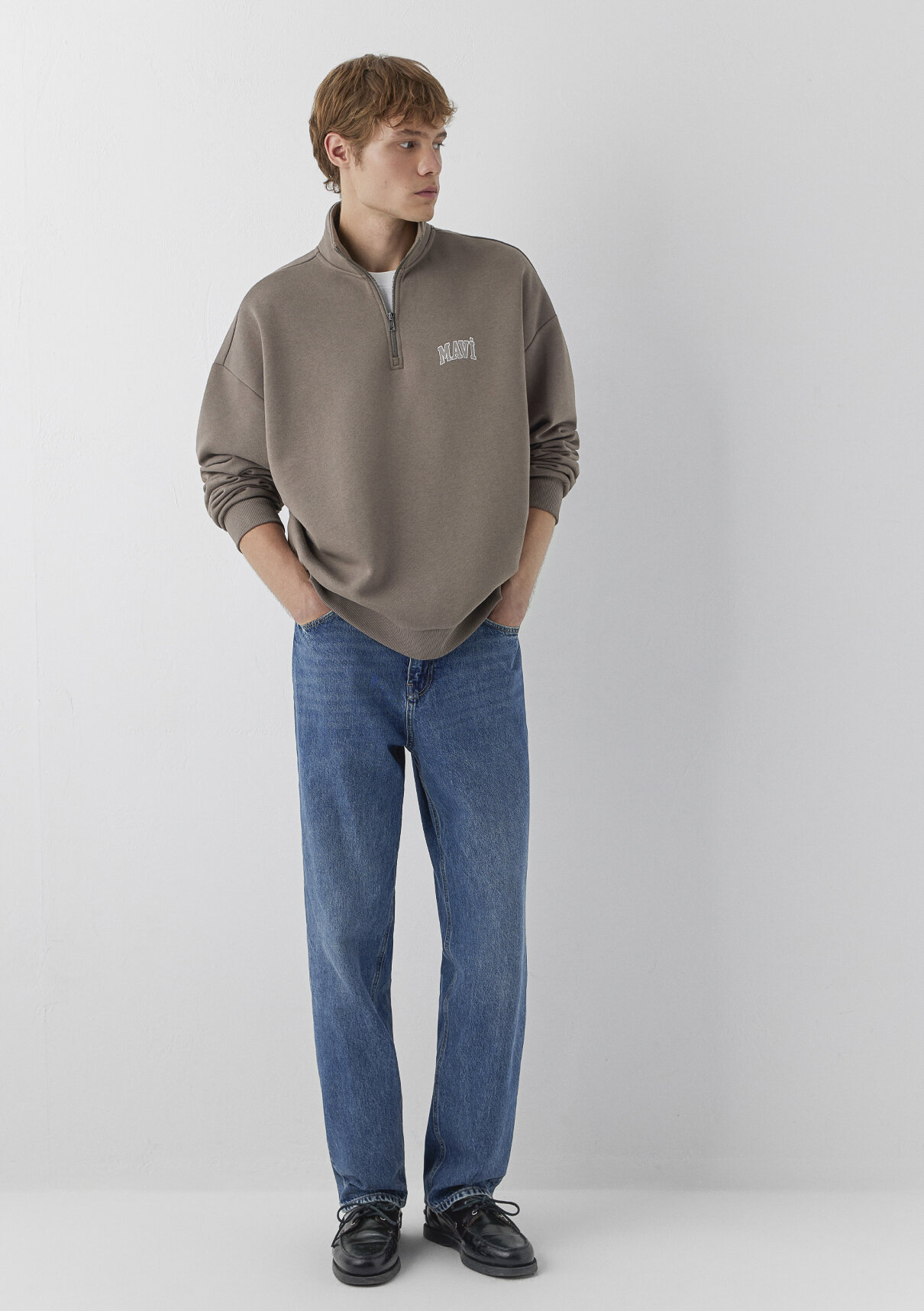 Mavi Logo Baskılı Yarı Fermuarlı Kahverengi Sweatshirt görsel 2