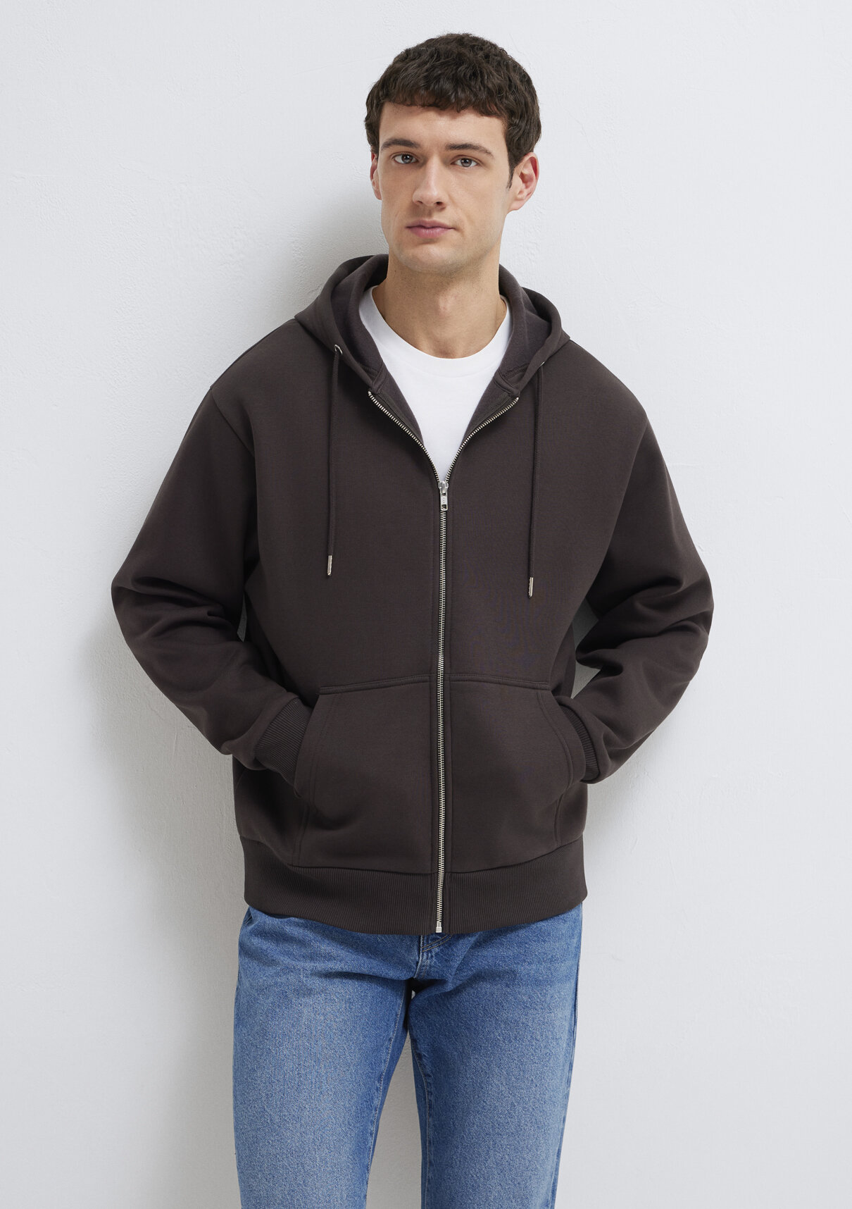Mavi Kapüşonlu Fermuarlı Kahverengi Basic Sweatshirt