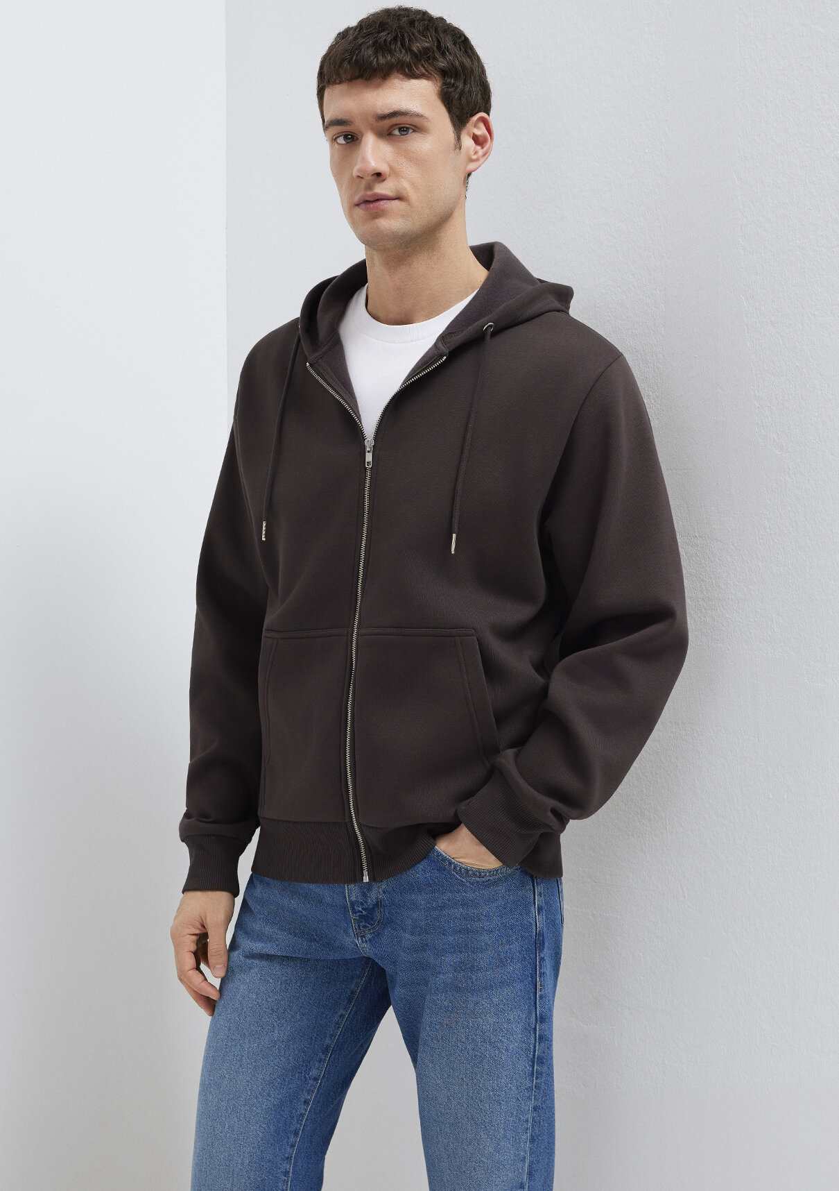 Mavi Kapüşonlu Fermuarlı Kahverengi Basic Sweatshirt görsel 2