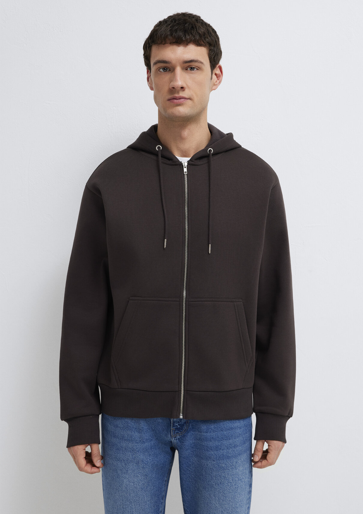 Mavi Kapüşonlu Fermuarlı Kahverengi Basic Sweatshirt görsel 3