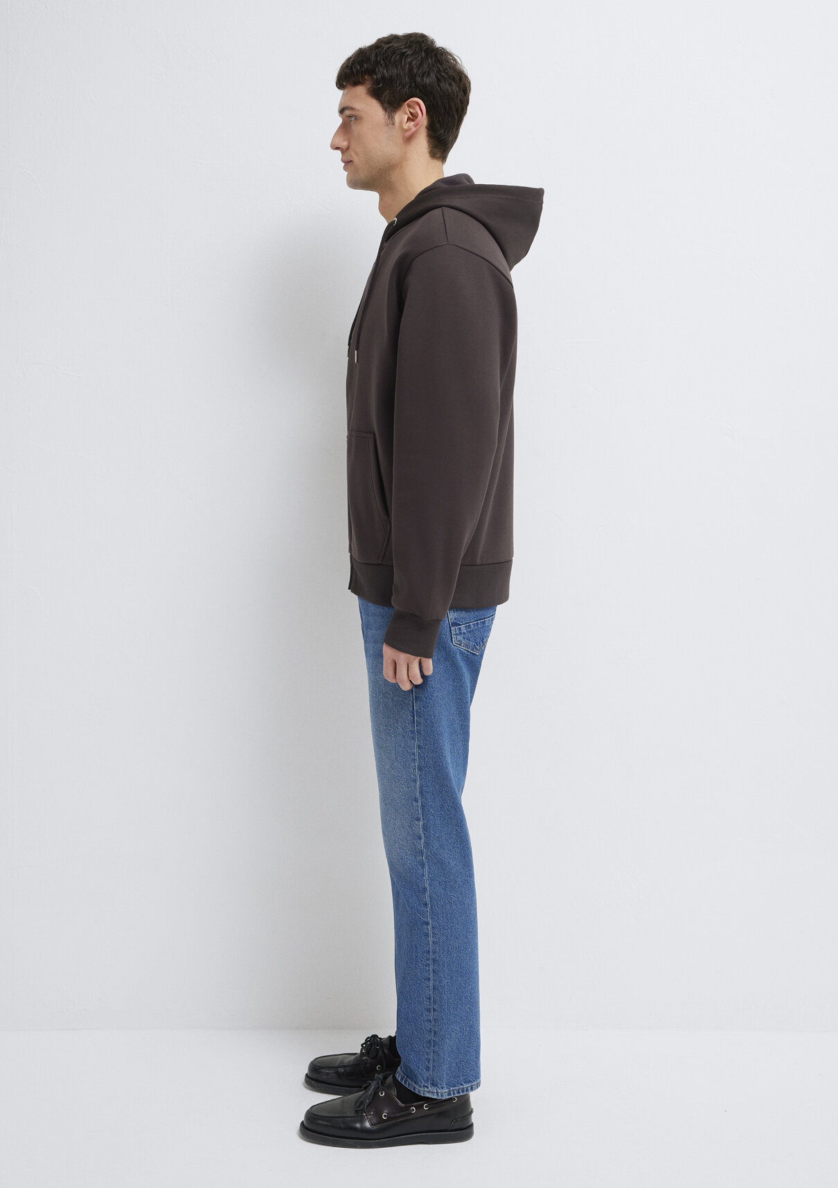 Mavi Kapüşonlu Fermuarlı Kahverengi Basic Sweatshirt görsel 4