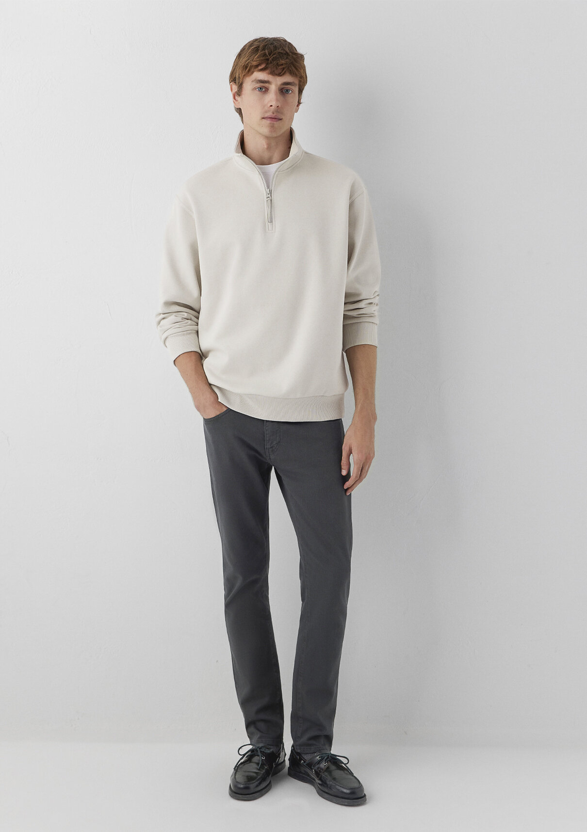 Mavi Yarı Fermuarlı Bej Basic Sweatshirt
