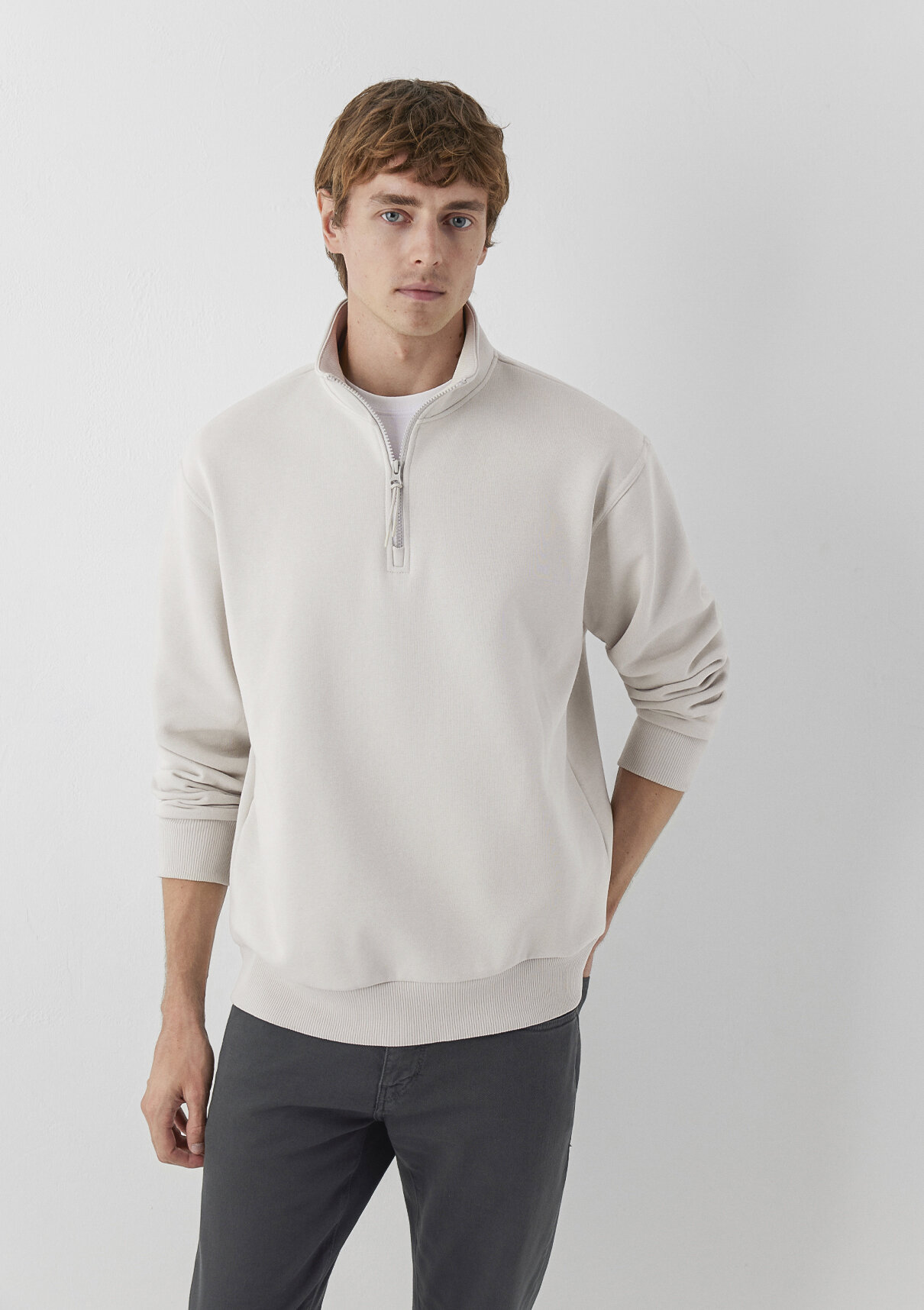 Mavi Yarı Fermuarlı Bej Basic Sweatshirt görsel 2