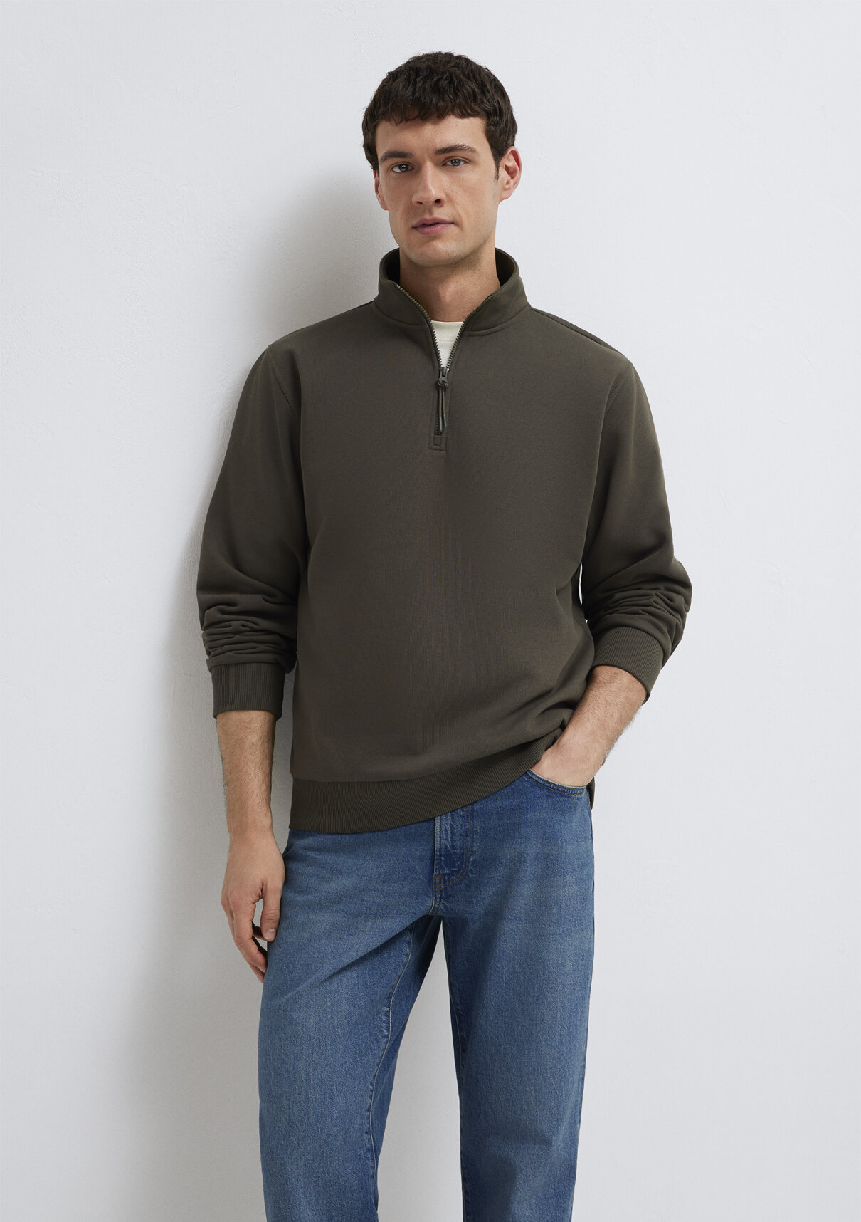 Mavi Yarı Fermuarlı Haki Basic Sweatshirt