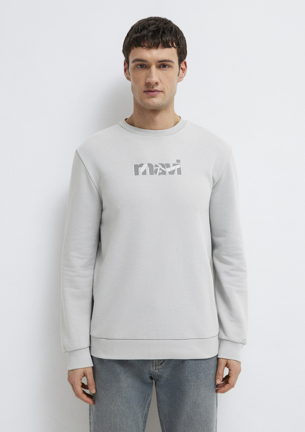 Mavi Logo Baskılı Gri Sweatshirt görsel 3