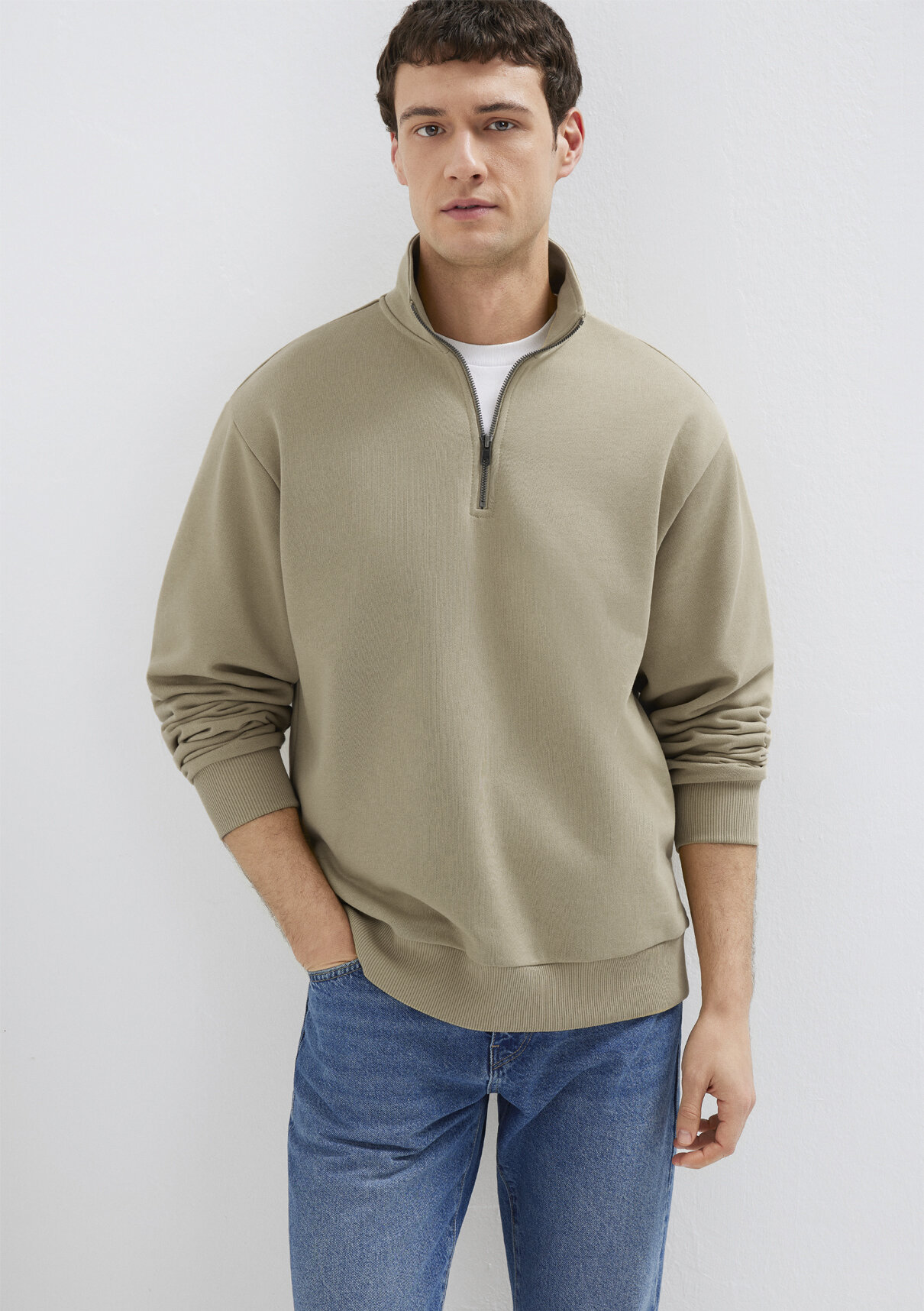 Mavi Yarı Fermuarlı Basic Bej Sweatshirt