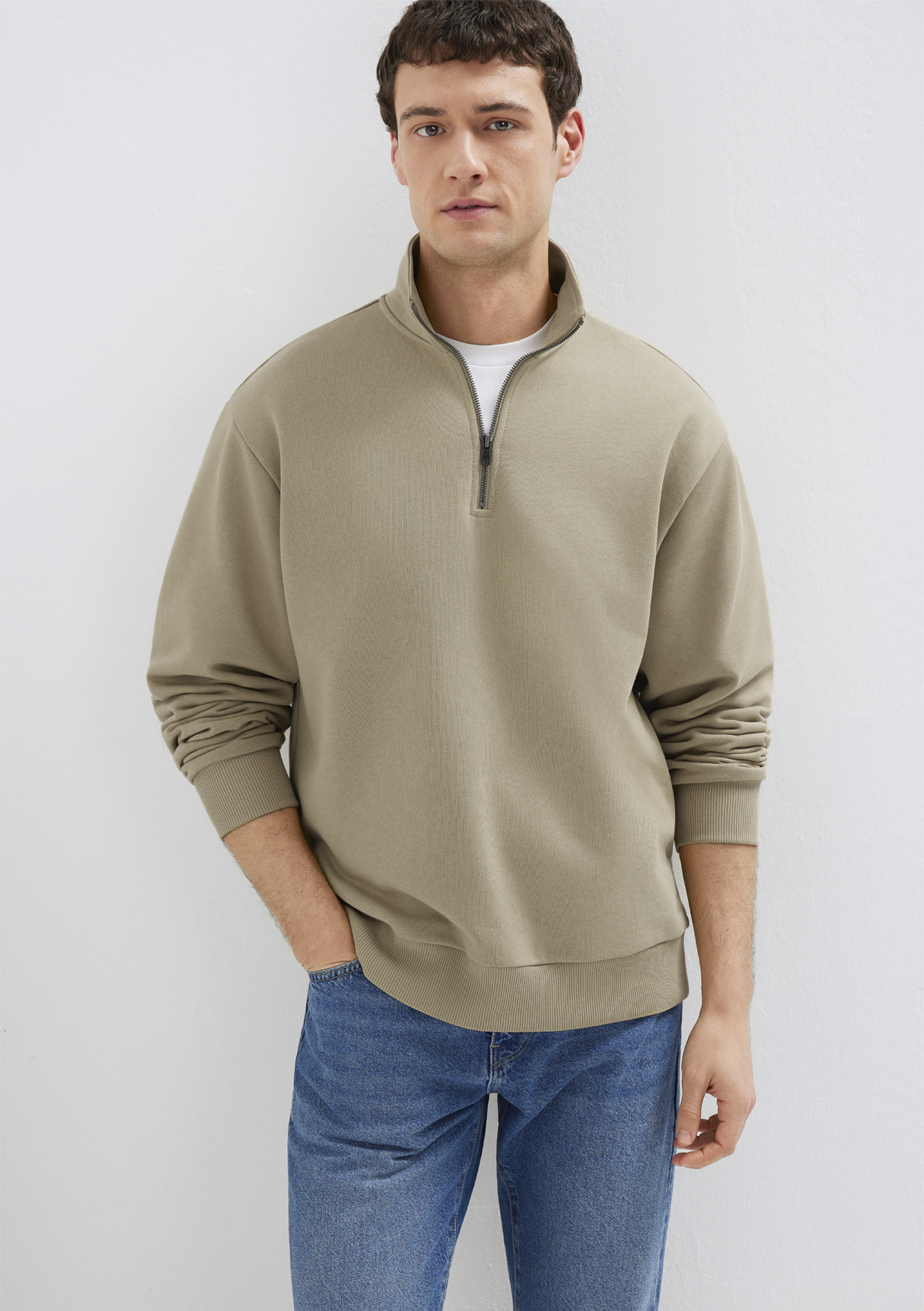 Mavi Yarı Fermuarlı Basic Bej Sweatshirt
