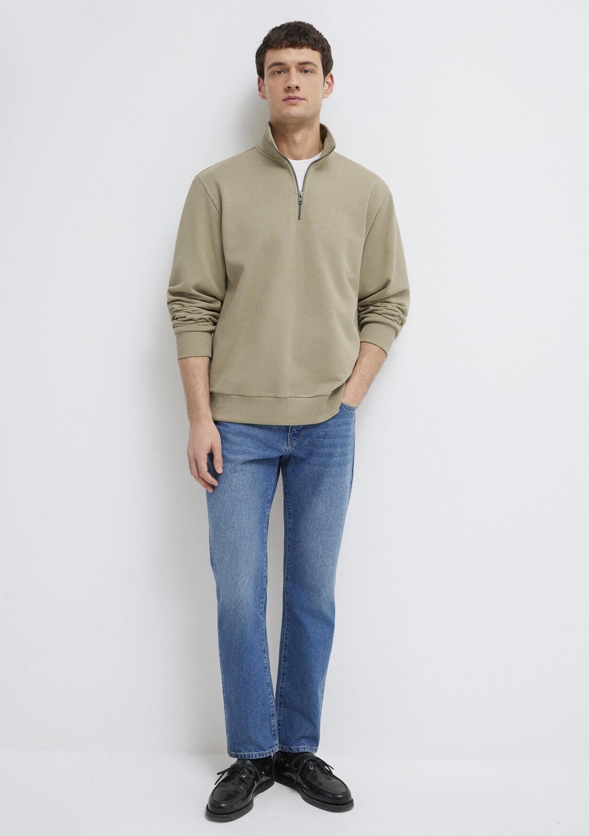 Mavi Yarı Fermuarlı Basic Bej Sweatshirt görsel 2