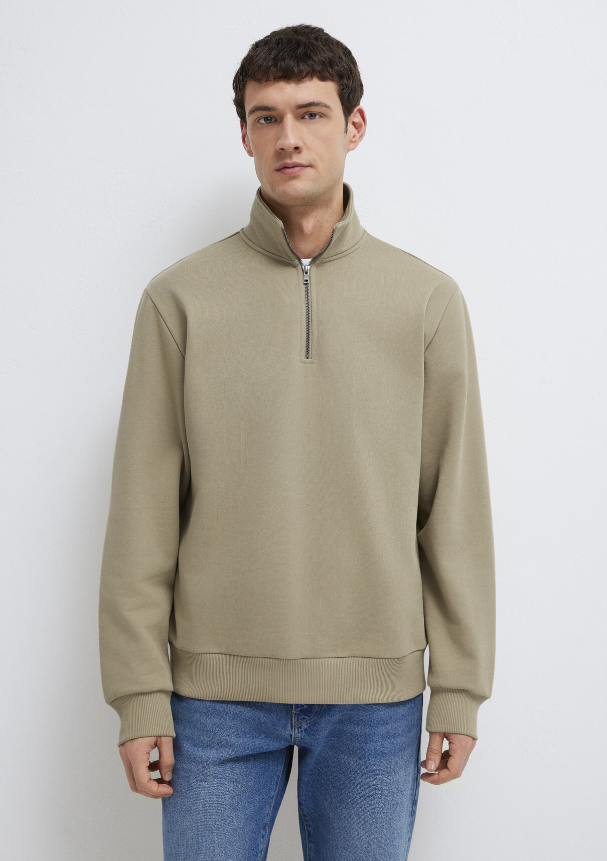 Mavi Yarı Fermuarlı Basic Bej Sweatshirt görsel 3