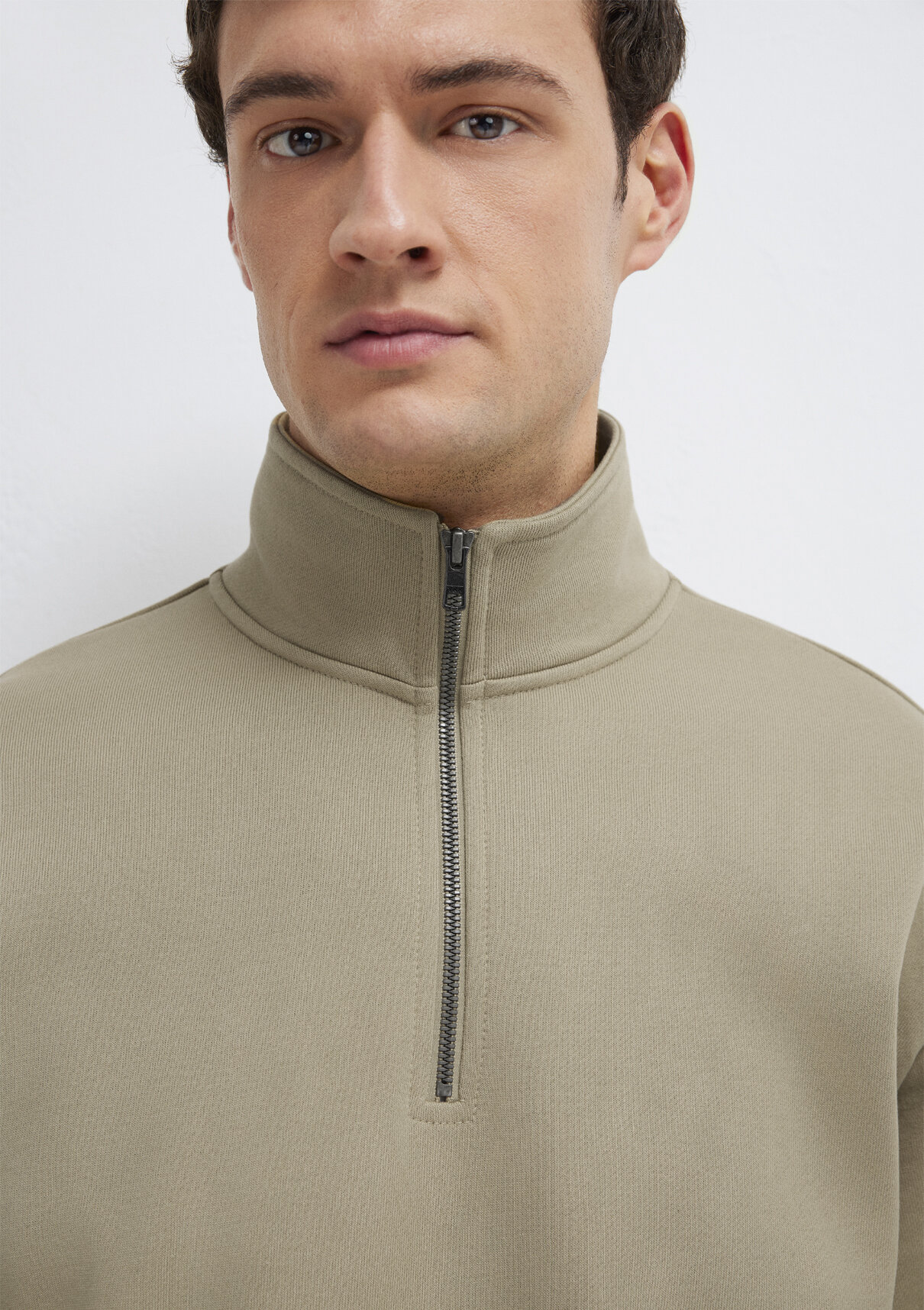Mavi Yarı Fermuarlı Basic Bej Sweatshirt görsel 6