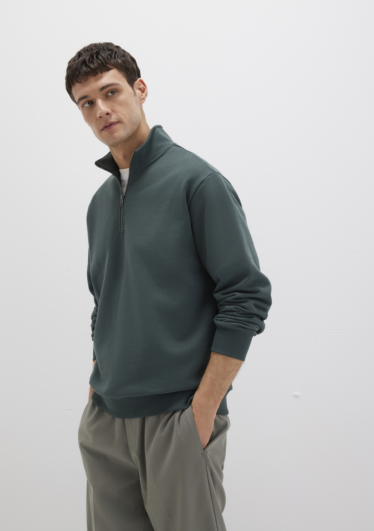 Mavi Yarı Fermuarlı Yeşil Basic Sweatshirt