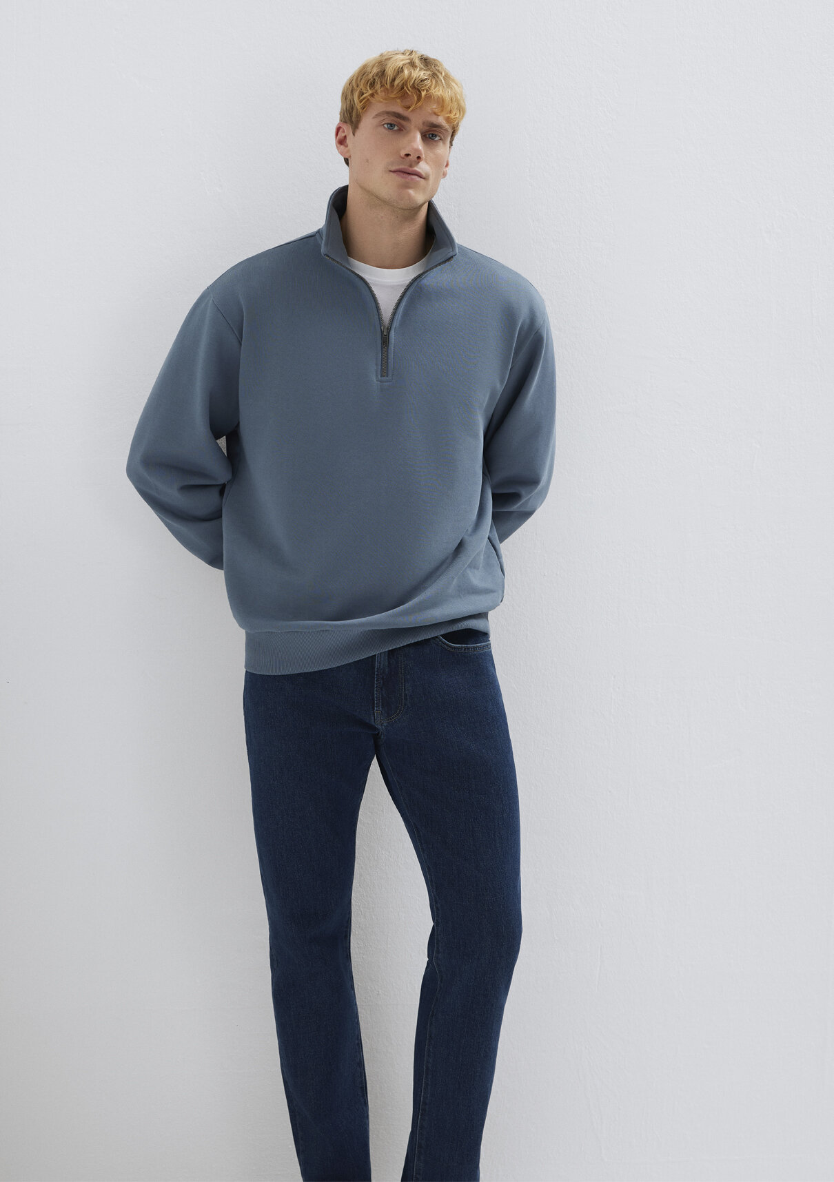 Mavi Yarı Fermuarlı Mavi Basic Sweatshirt