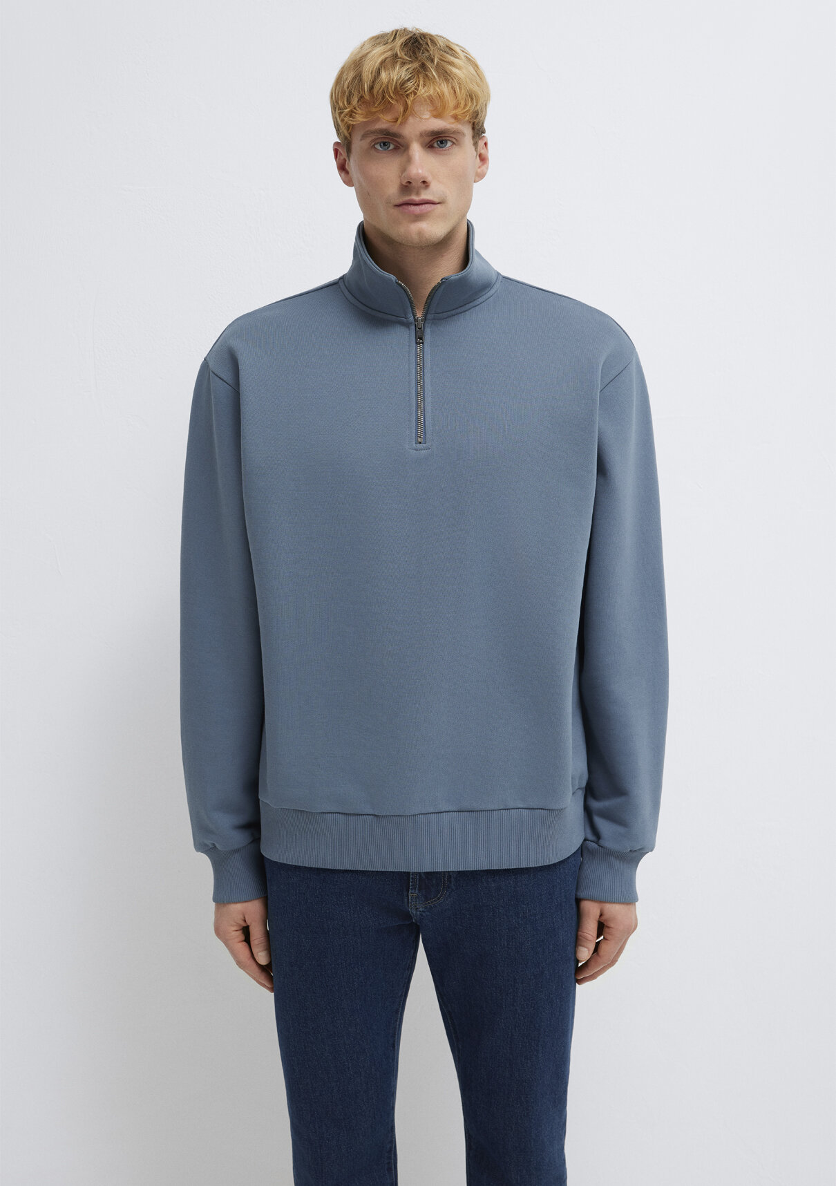 Mavi Yarı Fermuarlı Mavi Basic Sweatshirt görsel 3