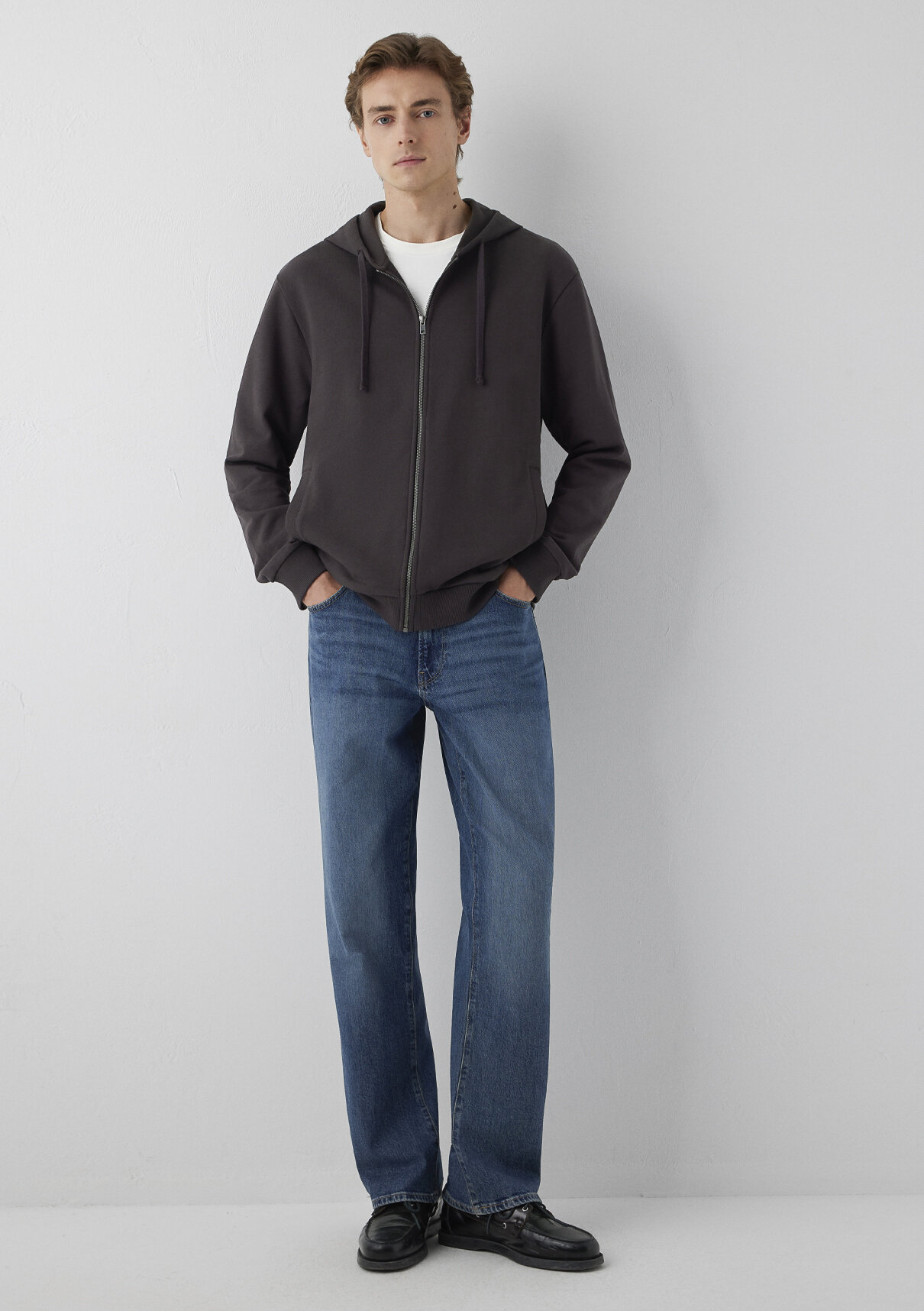 Mavi Kapüşonlu Fermuarlı Kahverengi Basic Sweatshirt