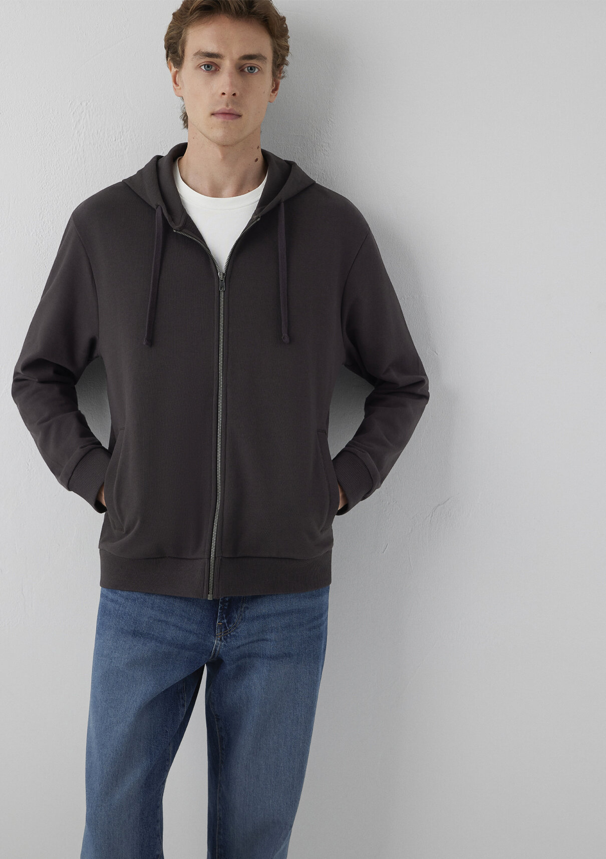 Mavi Kapüşonlu Fermuarlı Kahverengi Basic Sweatshirt görsel 2