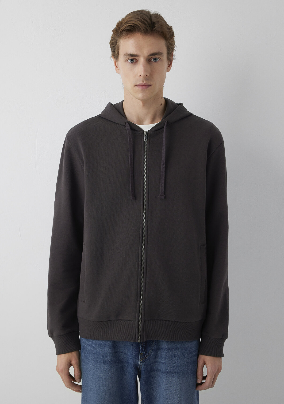 Mavi Kapüşonlu Fermuarlı Kahverengi Basic Sweatshirt görsel 3