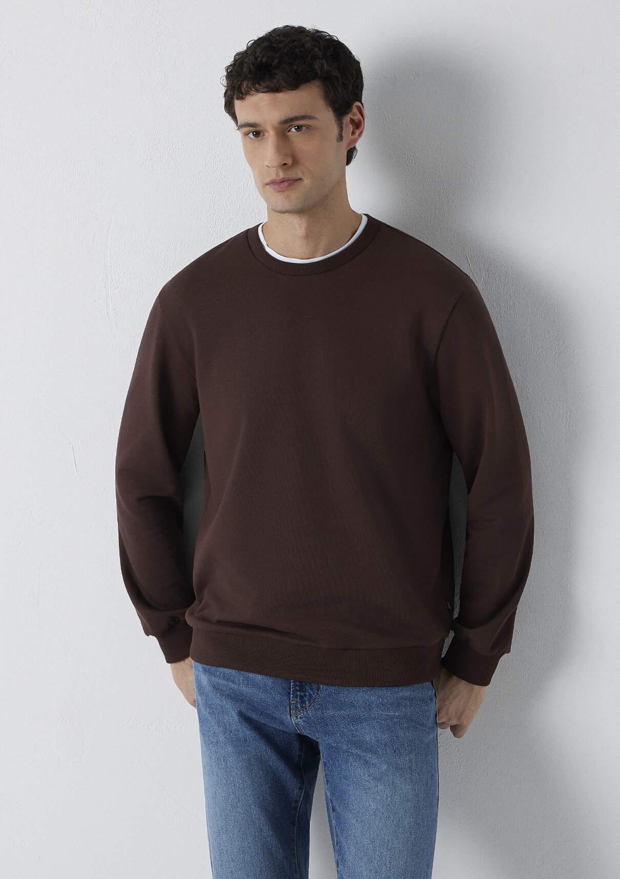 Mavi Bisiklet Yaka Kahverengi Basic Sweatshirt görsel 2