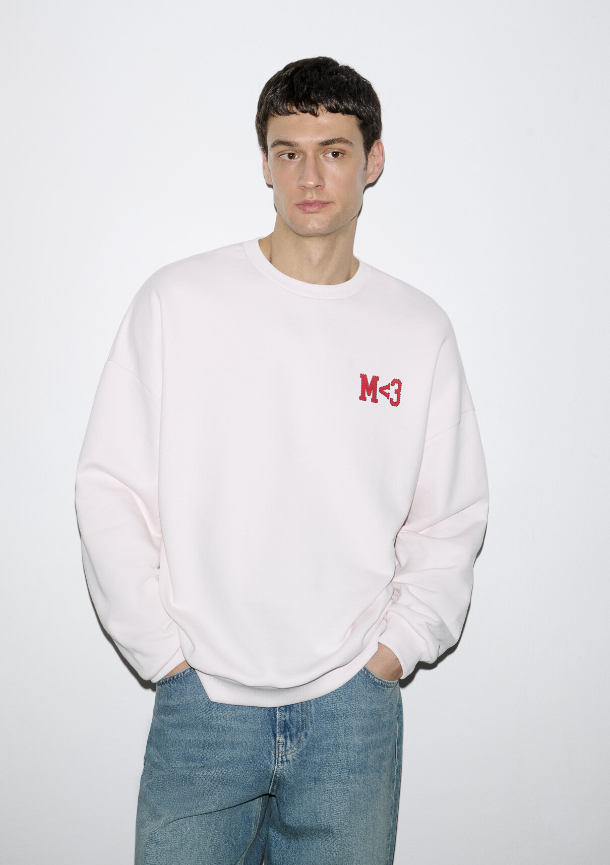 Mavi M Kalp İşlemeli Bisiklet Yaka Pembe Sweatshirt görsel 2