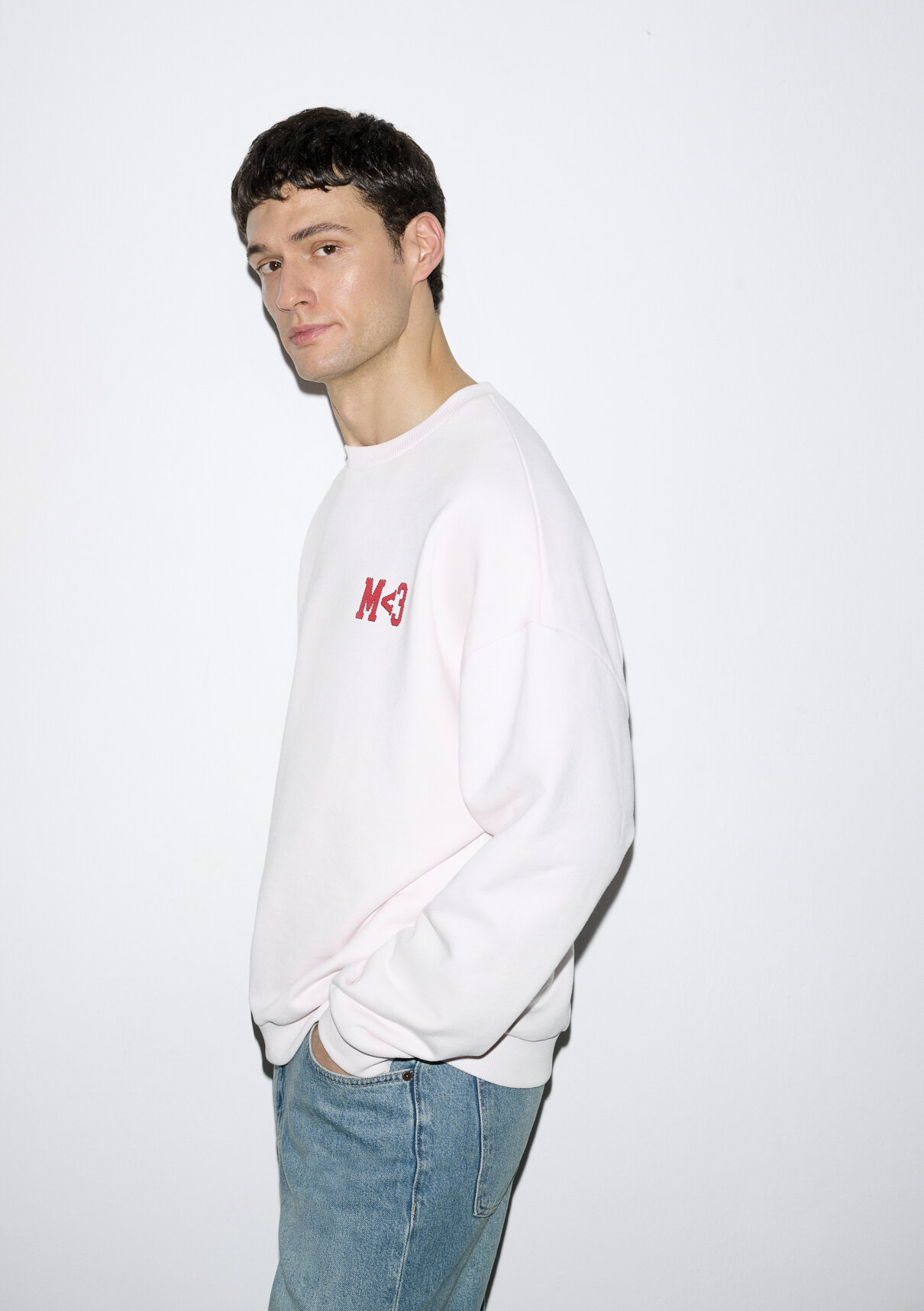 Mavi M Kalp İşlemeli Bisiklet Yaka Pembe Sweatshirt görsel 3
