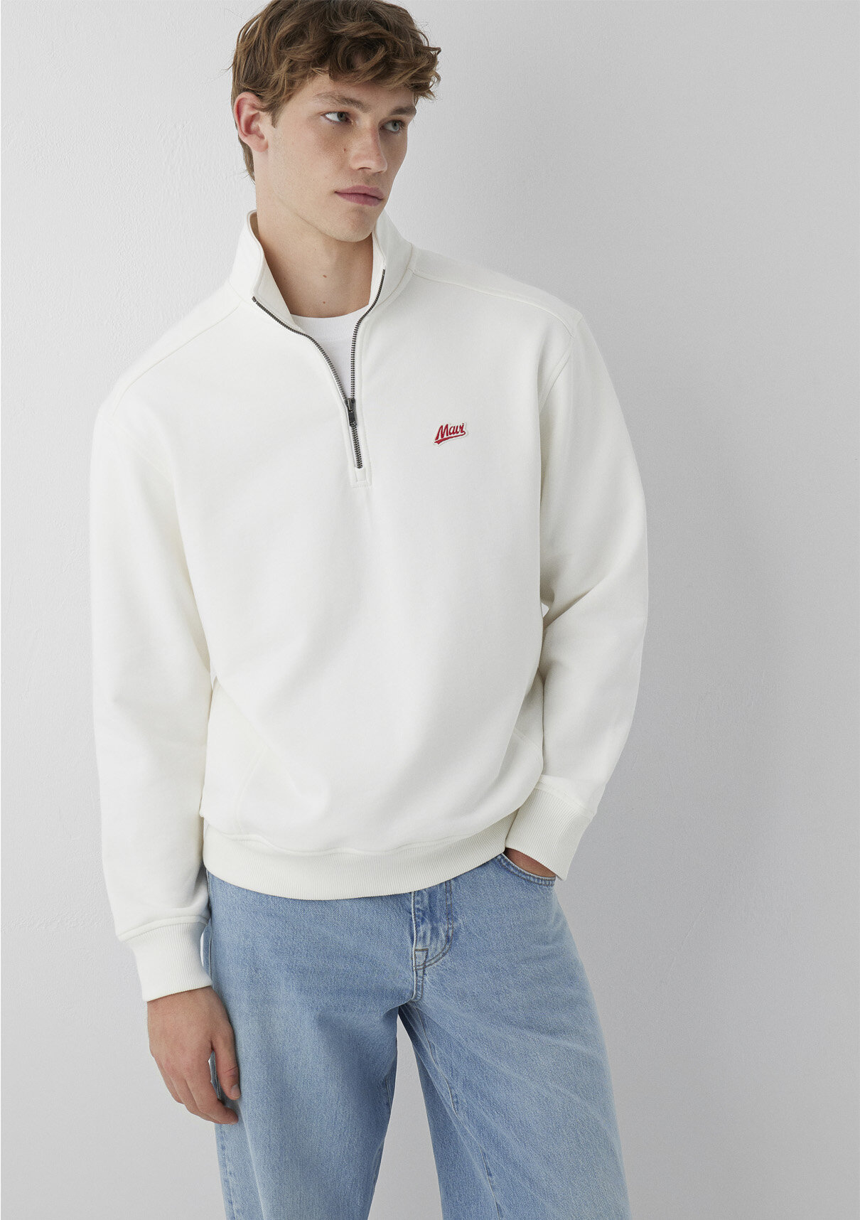 Mavi Patch Nakışlı Yarı Fermuarlı Ekru Sweatshirt görsel 2