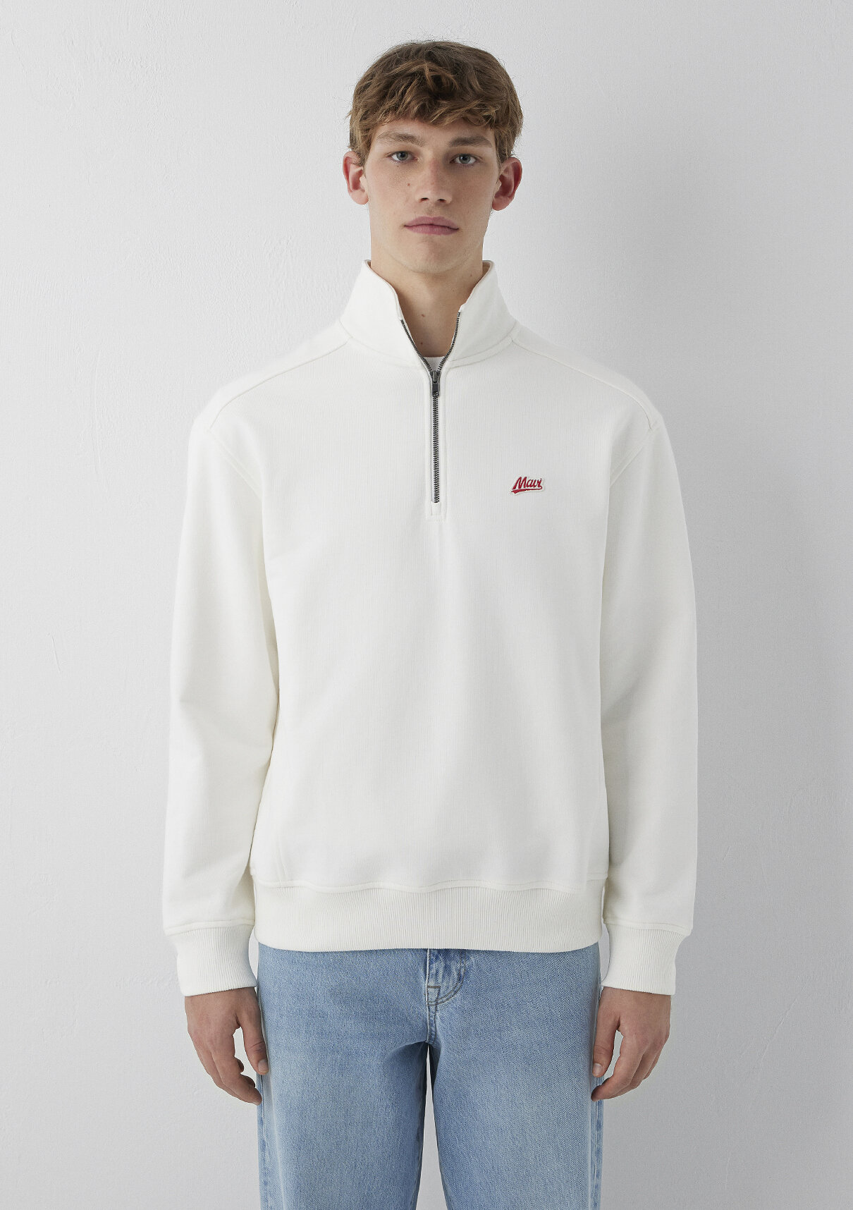 Mavi Patch Nakışlı Yarı Fermuarlı Ekru Sweatshirt görsel 3