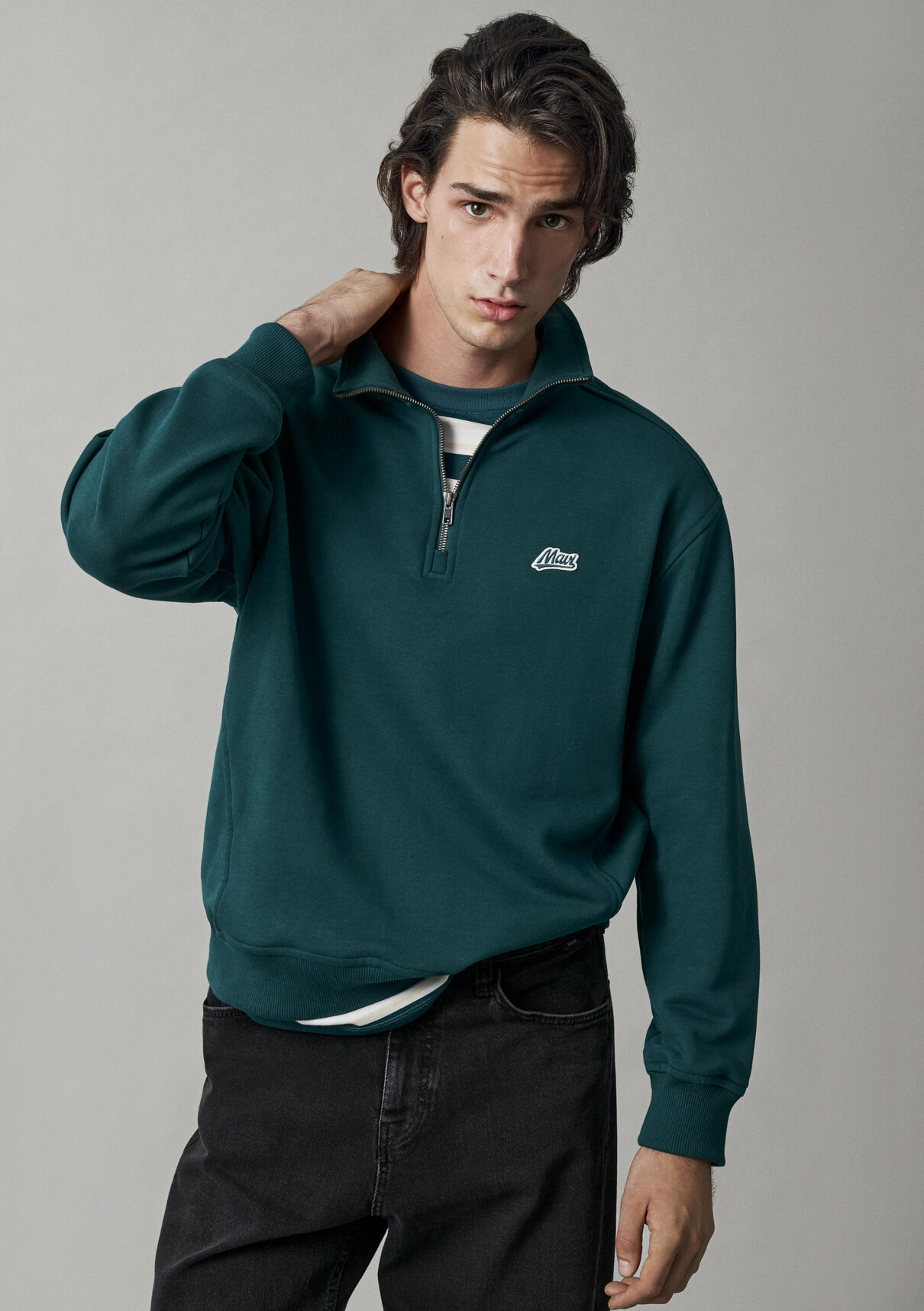 Mavi Patch Nakışlı Yarı Fermuarlı Yeşil Sweatshirt görsel 3