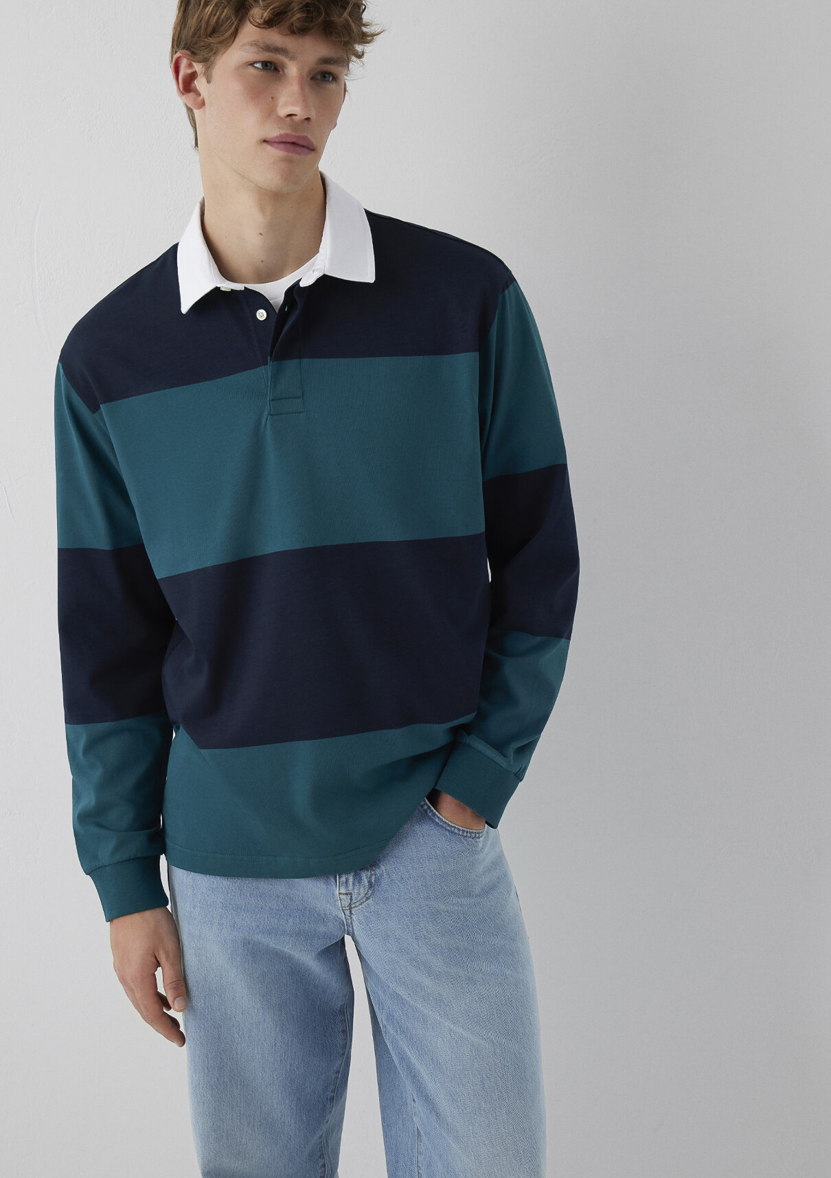 Mavi Blok Renkli Polo Sweatshirt