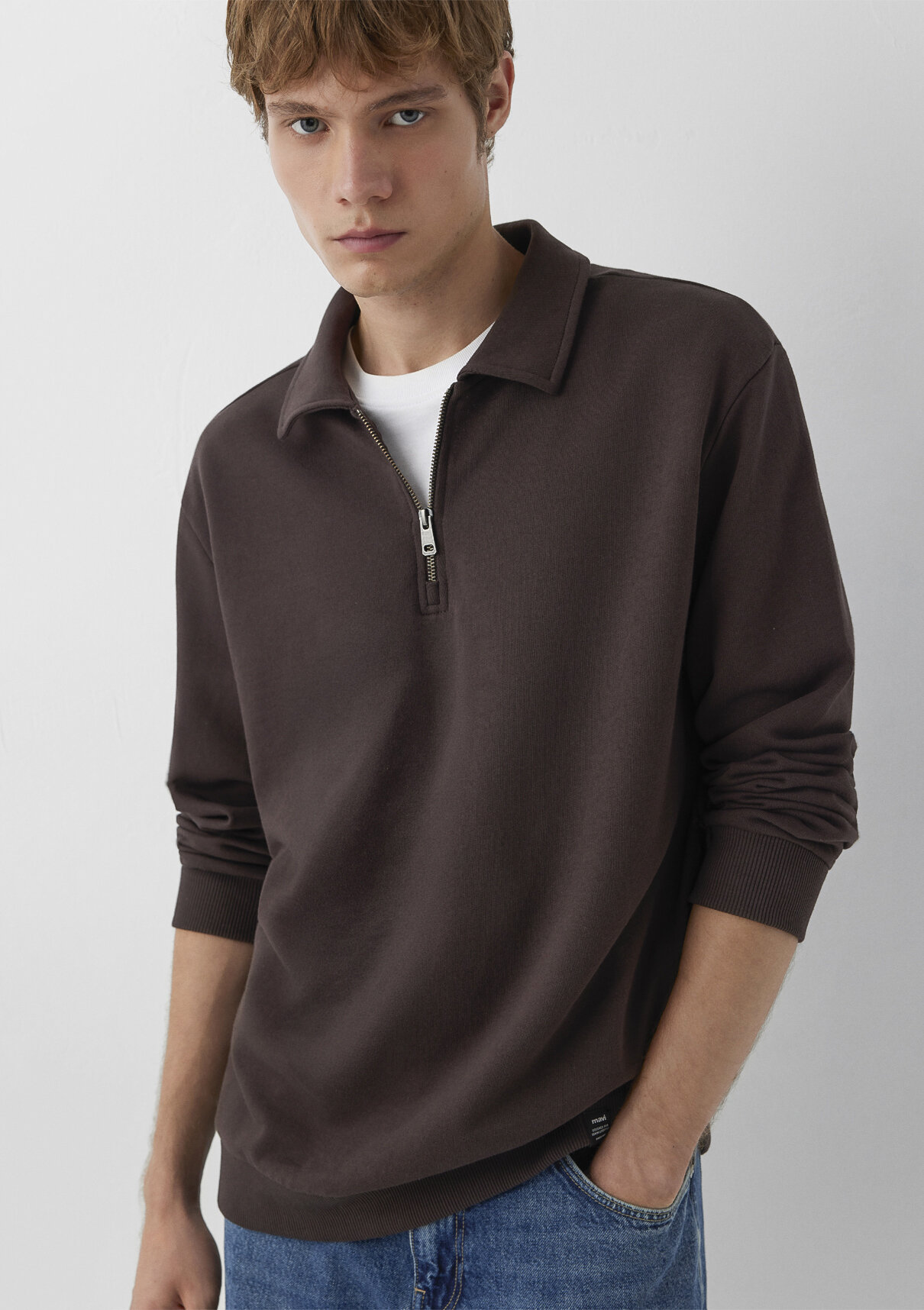Mavi Yarı Fermuarlı Kahverengi Polo Sweatshirt