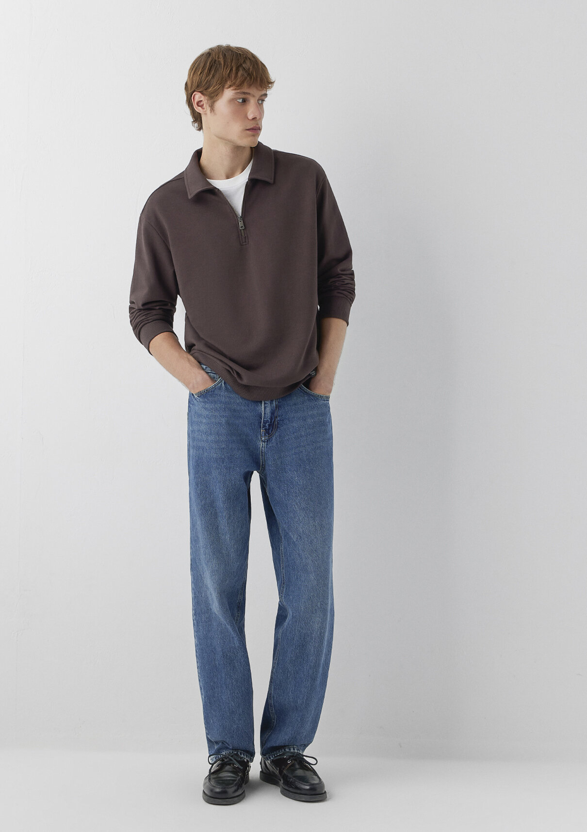 Mavi Yarı Fermuarlı Kahverengi Polo Sweatshirt görsel 2