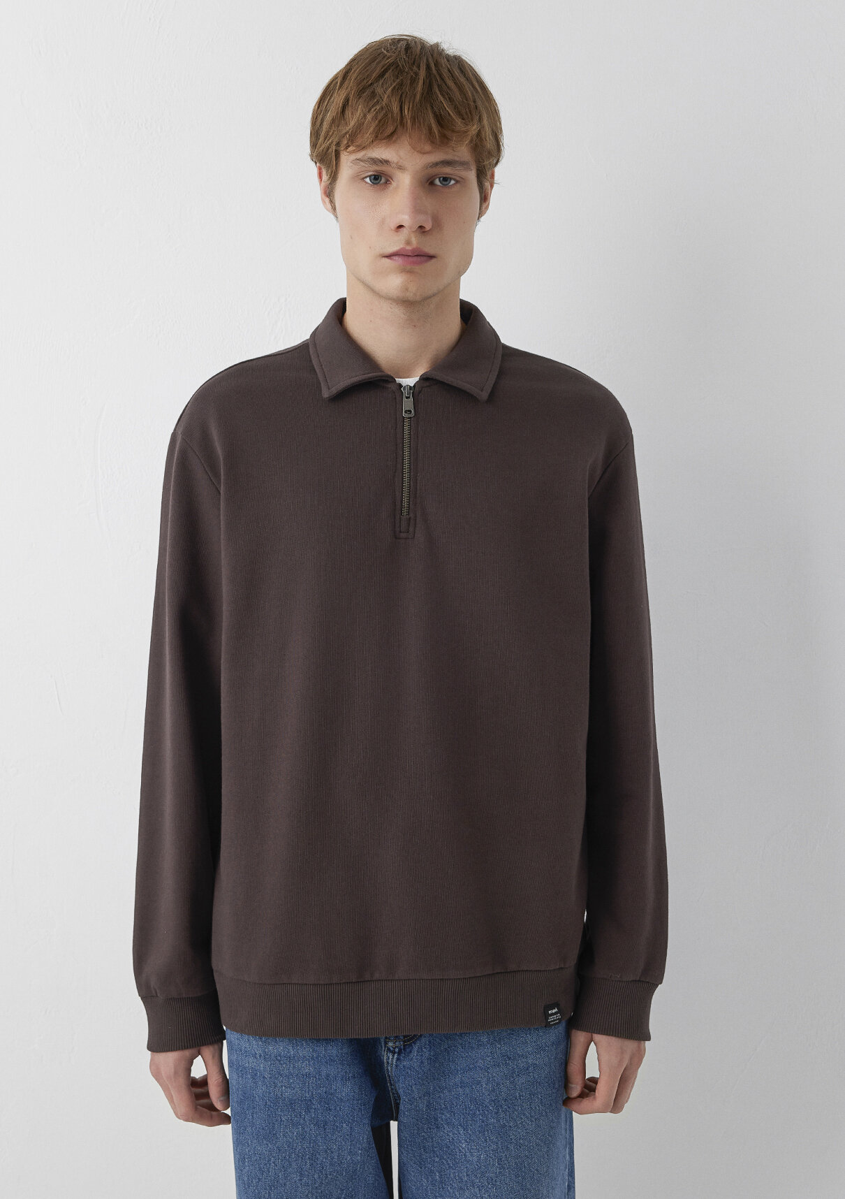 Mavi Yarı Fermuarlı Kahverengi Polo Sweatshirt görsel 3