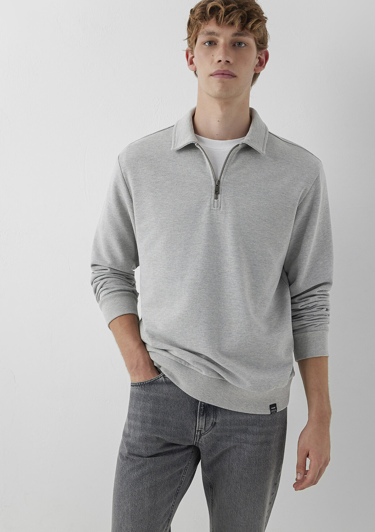 Mavi Yarı Fermuarlı Gri Polo Sweatshirt